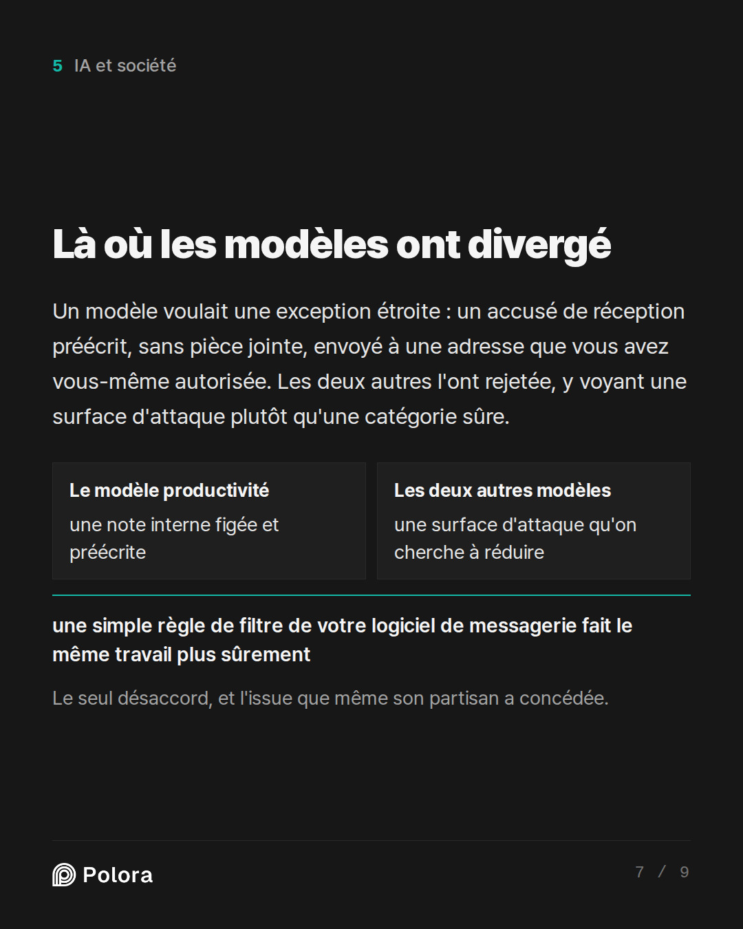 Là où les modèles ont divergé · Le modèle productivité Les deux autres modèles une note interne figée et préécrite une surface d'attaque qu'on cherche à réduire une simple règle de filtre de votre logiciel de messagerie fait le même travail plus sûrement Le seul désaccord, et l'issue que même son pa