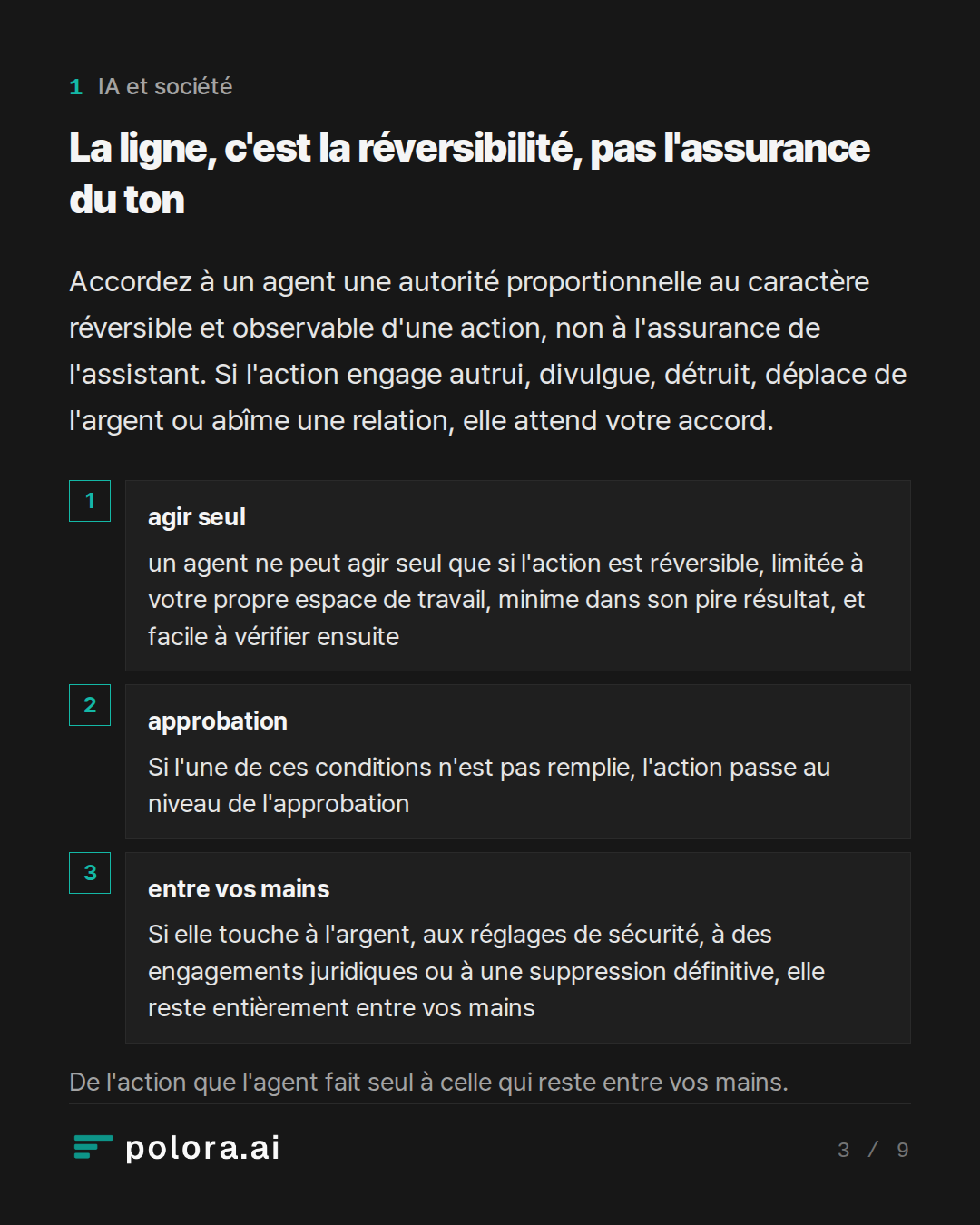 La ligne, c'est la réversibilité, pas l' · agir seul approbation entre vos mains un agent ne peut agir seul que si l'action est réversible, limitée à votre propre espace de travail, minime dans son pire résultat, et facile à vérifier ensuite Si l'une de ces conditions n'est pas remplie, l'action pas
