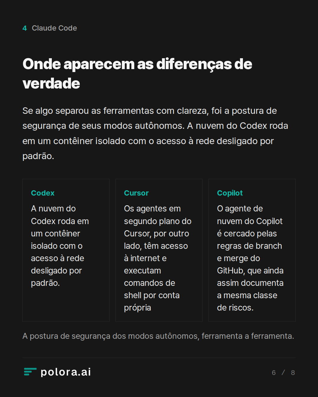 Onde aparecem as diferenças de verdade · A postura de segurança dos modos autônomos, ferramenta a ferramenta.