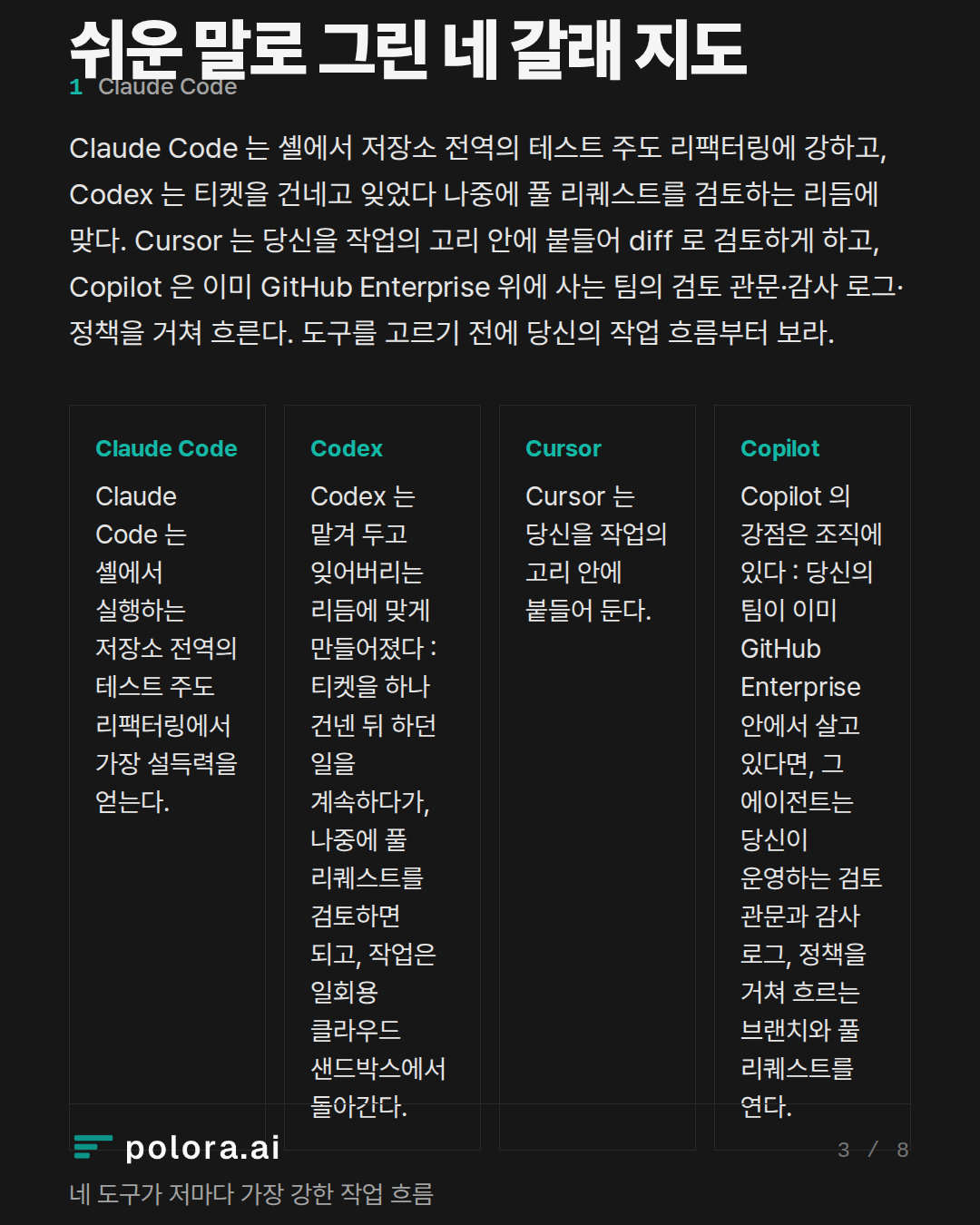 쉬운 말로 그린 네 갈래 지도 · 네 도구가 저마다 가장 강한 작업 흐름