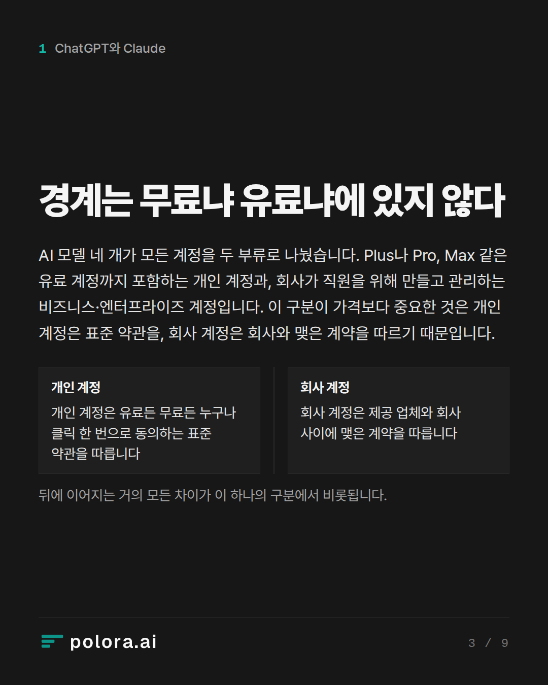경계는 무료냐 유료냐에 있지 않다 · 개인 계정 회사 계정 개인 계정은 유료든 무료든 누구나 클릭 한 번으로 동의하는 표준 약관을 따릅니다 회사 계정은 제공 업체와 회사 사이에 맺은 계약을 따릅니다 뒤에 이어지는 거의 모든 차이가 이 하나의 구분에서 비롯됩니다.