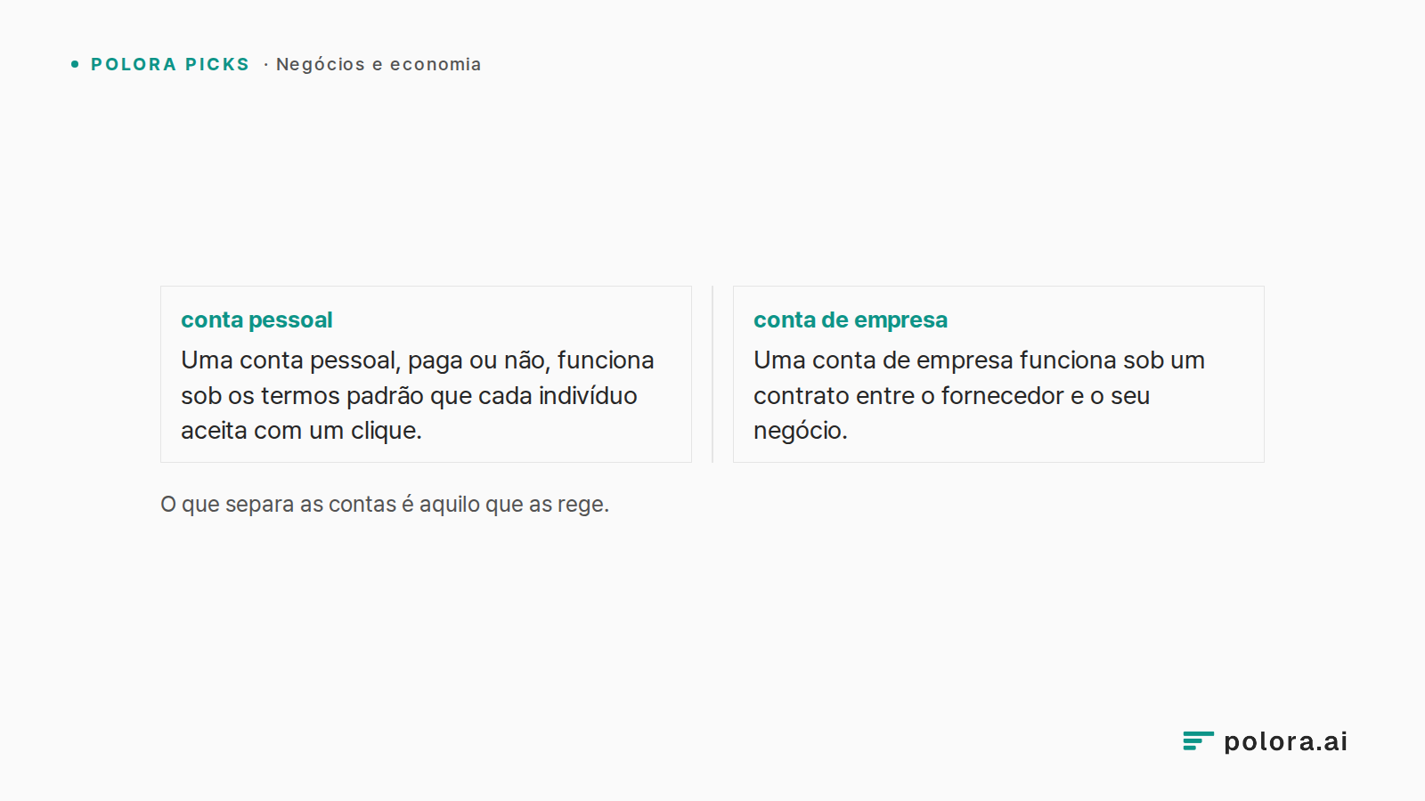 O que separa as contas é aquilo que as rege. · conta pessoal Uma conta pessoal, paga ou não, funciona sob os termos padrão que cada indivíduo aceita com um clique. · conta de empresa Uma conta de empresa funciona sob um contrato entre o fornecedor e o seu negócio.