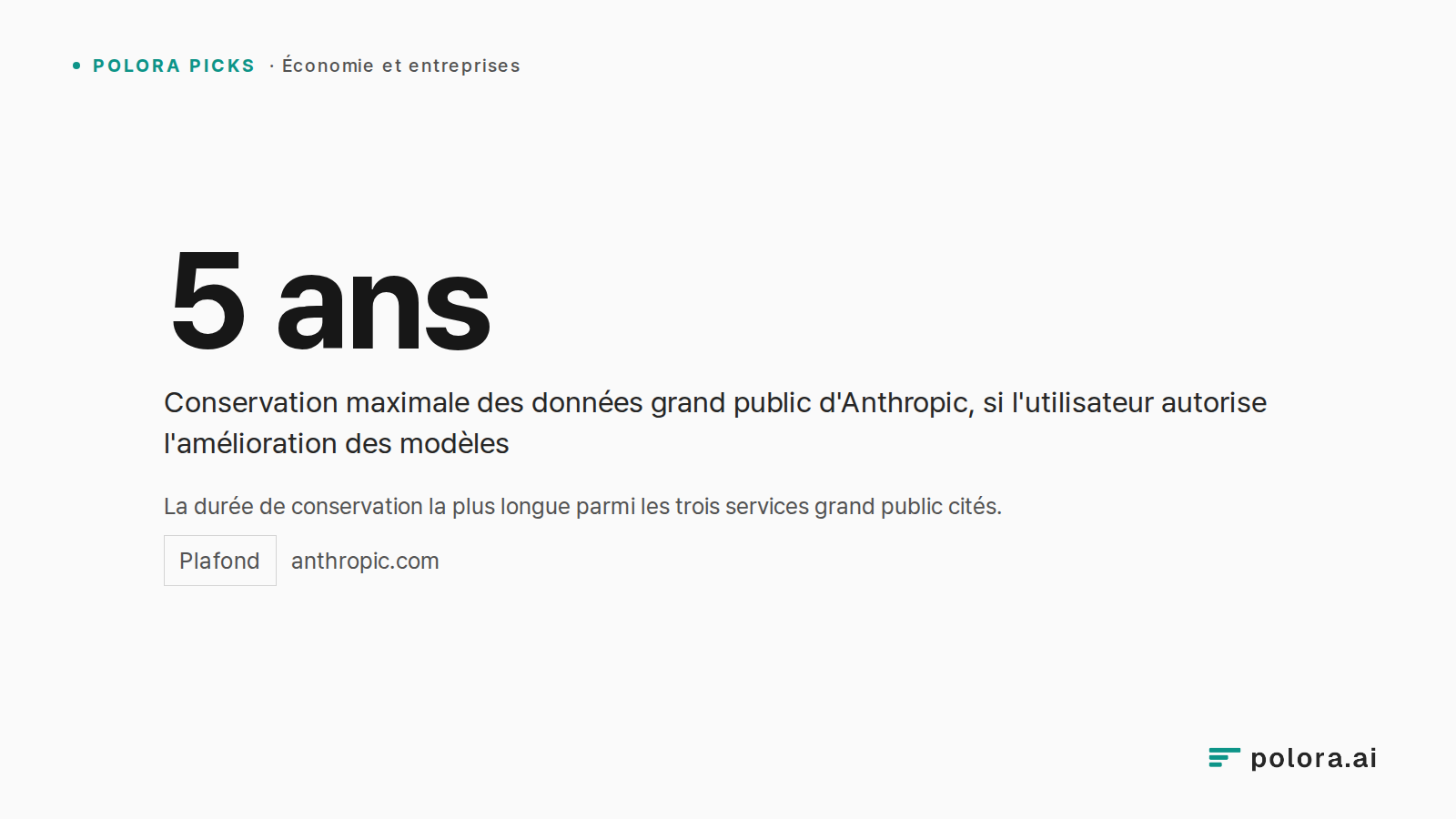 La durée de conservation la plus longue parmi les trois services grand public cités. · 5 ans Conservation maximale des données grand public d'Anthropic, si l'utilisateur autorise l'amélioration des modèles
