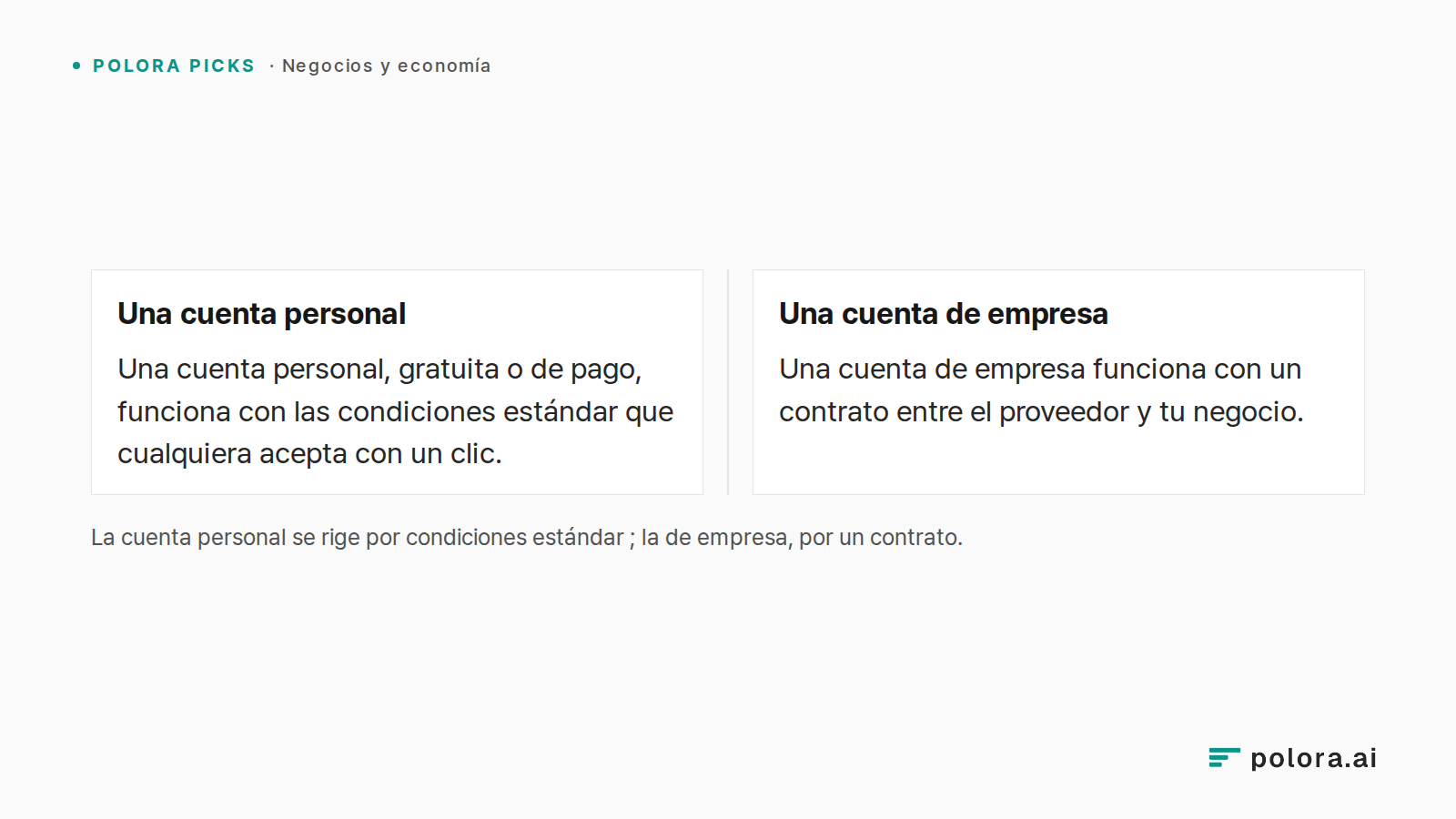 La cuenta personal se rige por condiciones estándar ; la de empresa, por un contrato. · Una cuenta personal · Una cuenta de empresa · Una cuenta personal, gratuita o de pago, funciona con las condiciones estándar que cualquiera acepta con un clic. · Una cuenta de empresa funciona con un contrato ent