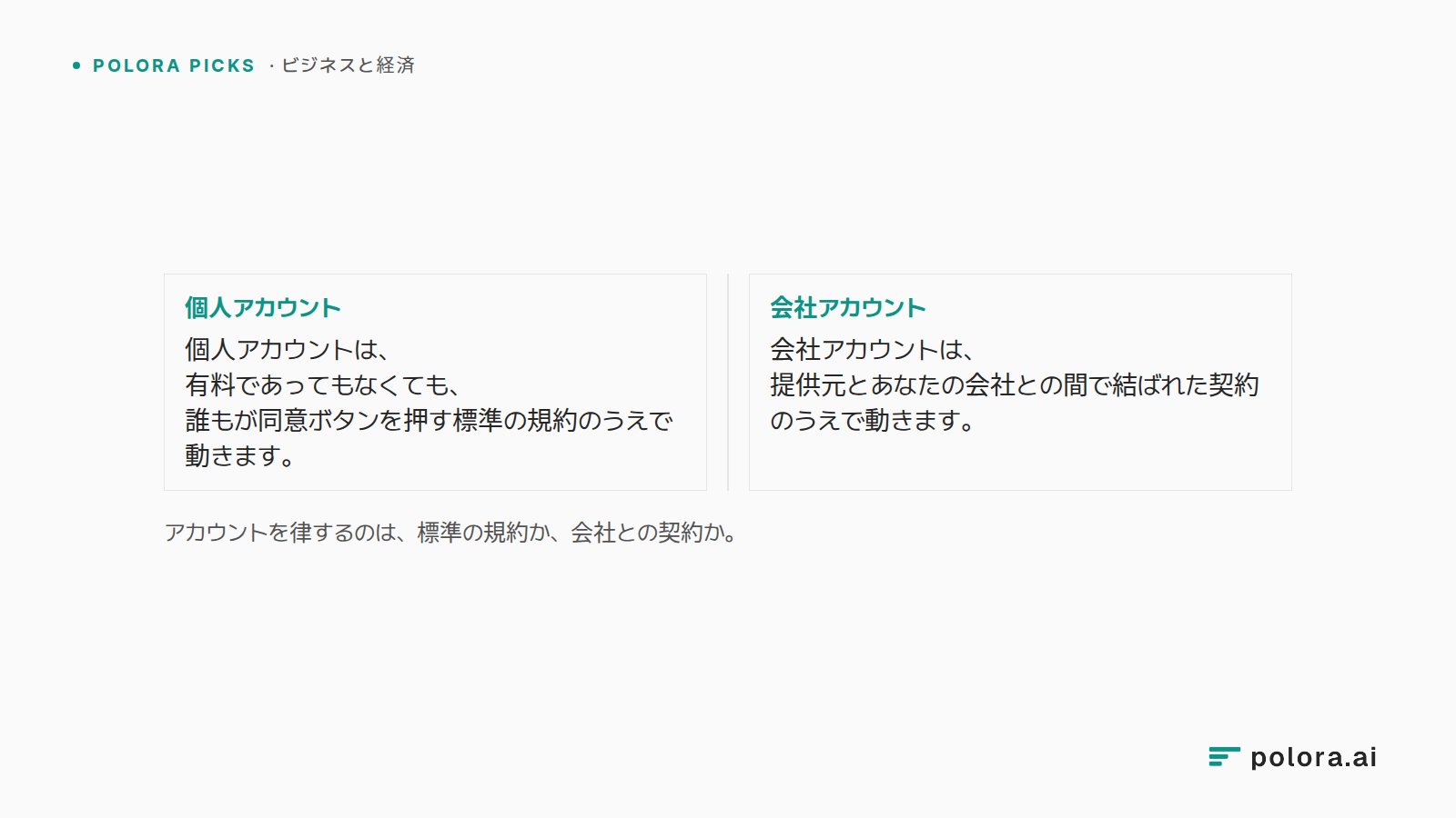 アカウントを律するのは、標準の規約か、会社との契約か。 · 個人アカウント 個人アカウントは、有料であってもなくても、誰もが同意ボタンを押す標準の規約のうえで動きます。 · 会社アカウント 会社アカウントは、提供元とあなたの会社との間で結ばれた契約のうえで動きます。