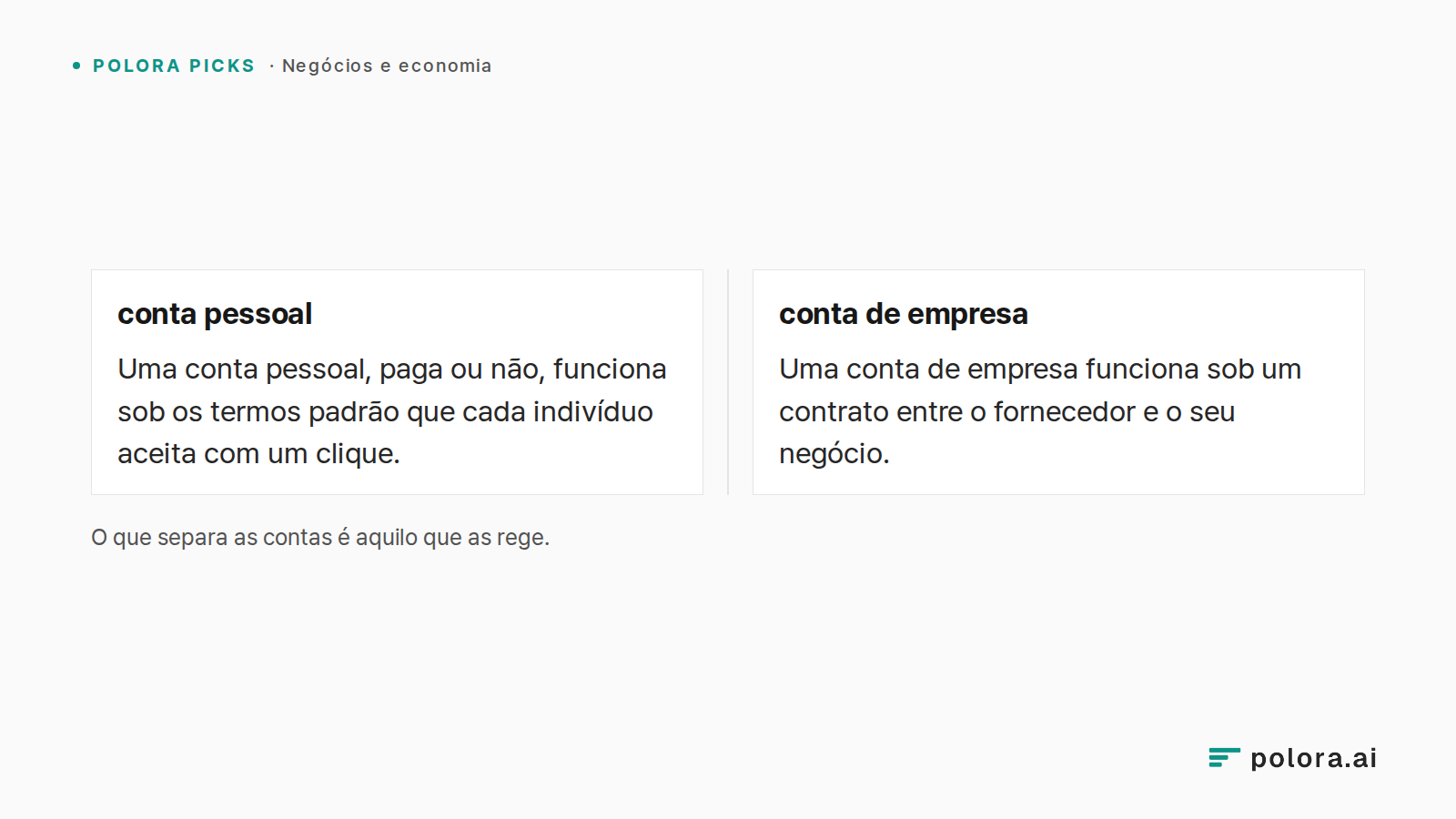 O que separa as contas é aquilo que as rege. · conta pessoal · conta de empresa · Uma conta pessoal, paga ou não, funciona sob os termos padrão que cada indivíduo aceita com um clique. · Uma conta de empresa funciona sob um contrato entre o fornecedor e o seu negócio.