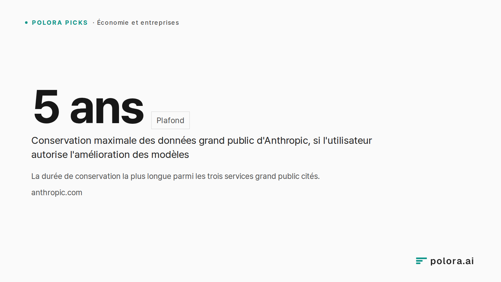 La durée de conservation la plus longue parmi les trois services grand public cités. · 5 ans · Conservation maximale des données grand public d'Anthropic, si l'utilisateur autorise l'amélioration des modèles