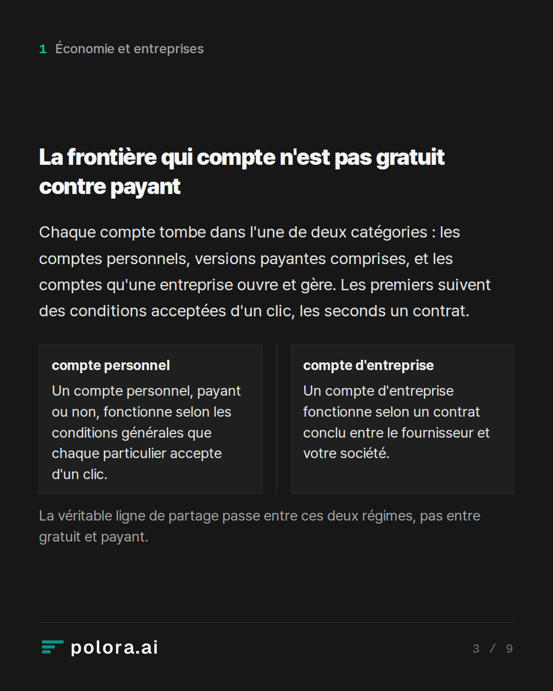 La frontière qui compte n'est pas gratui · compte personnel compte d'entreprise Un compte personnel, payant ou non, fonctionne selon les conditions générales que chaque particulier accepte d'un clic. Un compte d'entreprise fonctionne selon un contrat conclu entre le fournisseur et votre société. La