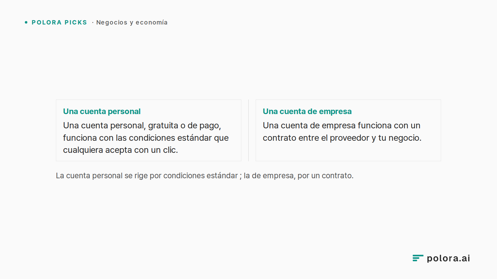 La cuenta personal se rige por condiciones estándar ; la de empresa, por un contrato. · Una cuenta personal Una cuenta personal, gratuita o de pago, funciona con las condiciones estándar que cualquiera acepta con un clic. · Una cuenta de empresa Una cuenta de empresa funciona con un contrato entre e