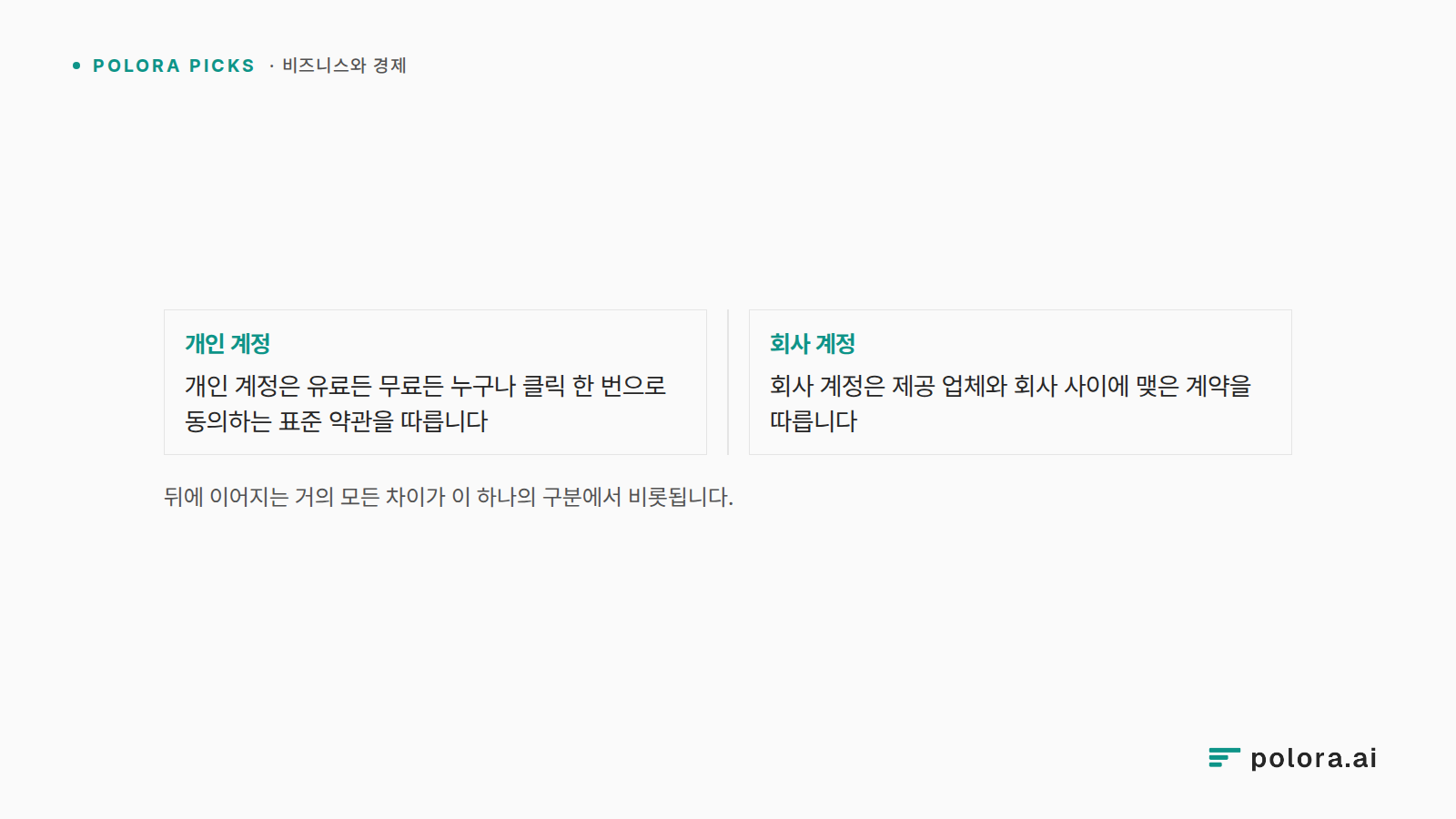 뒤에 이어지는 거의 모든 차이가 이 하나의 구분에서 비롯됩니다. · 개인 계정 개인 계정은 유료든 무료든 누구나 클릭 한 번으로 동의하는 표준 약관을 따릅니다 · 회사 계정 회사 계정은 제공 업체와 회사 사이에 맺은 계약을 따릅니다