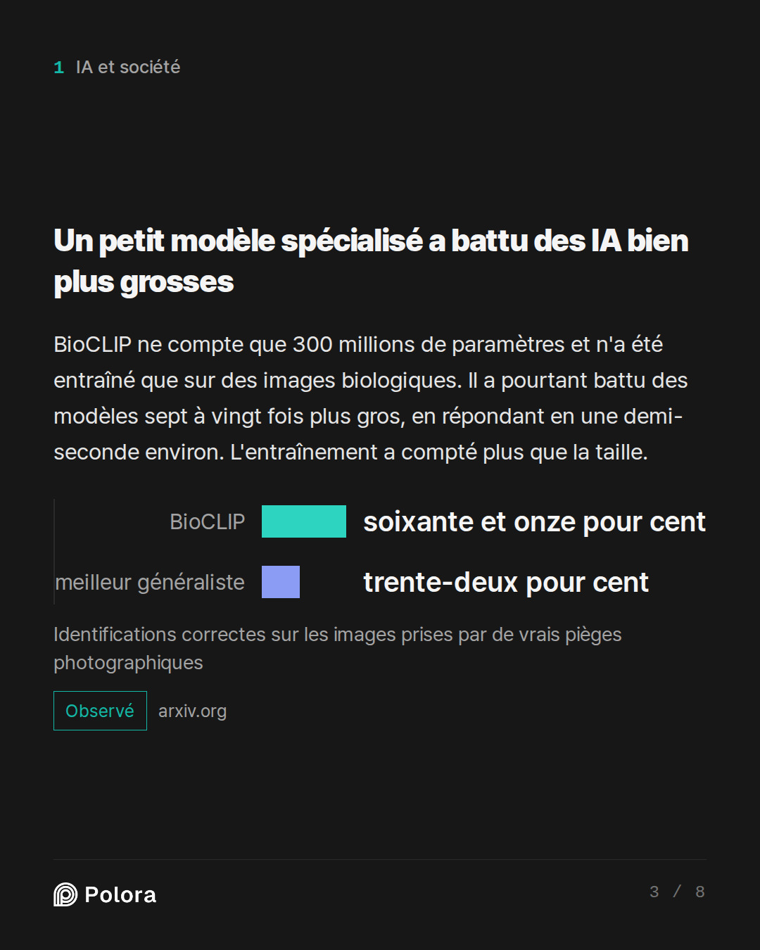 Un petit modèle spécialisé a battu des IA bien plus grosses · BioCLIP meilleur généraliste soixante et onze pour cent trente-deux pour cent Identifications correctes sur les images prises par de vrais pièges photographiques