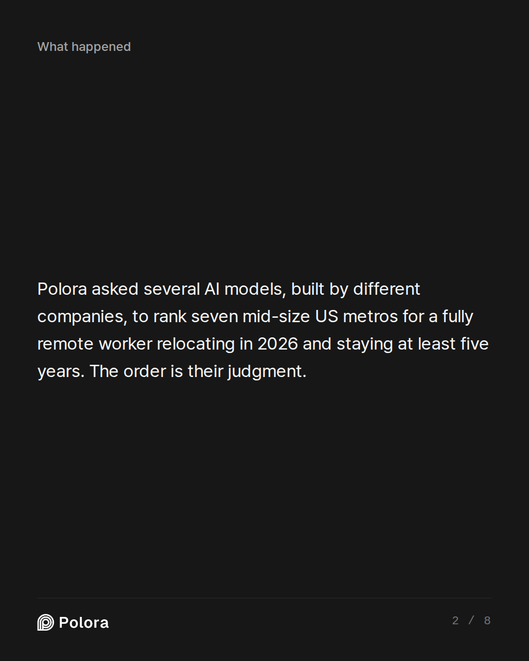 Polora asked several AI models, built by different companies, to rank seven mid-size US metros for a fully remote worker relocating in 2026 and staying at least five years. The order is their judgment.