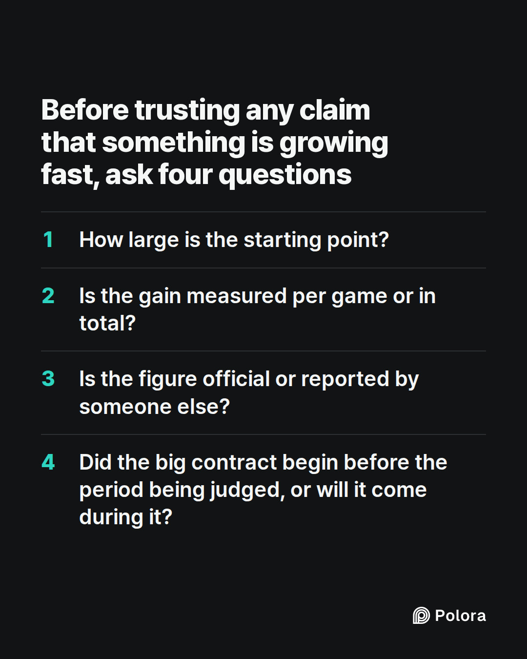 Before trusting any claim that something is growing fast, ask four questions · How large is the starting point? · Is the gain measured per game or in total? · Is the figure official or reported by someone else? · Did the big contract begin before the period being judged, or will it come during it?