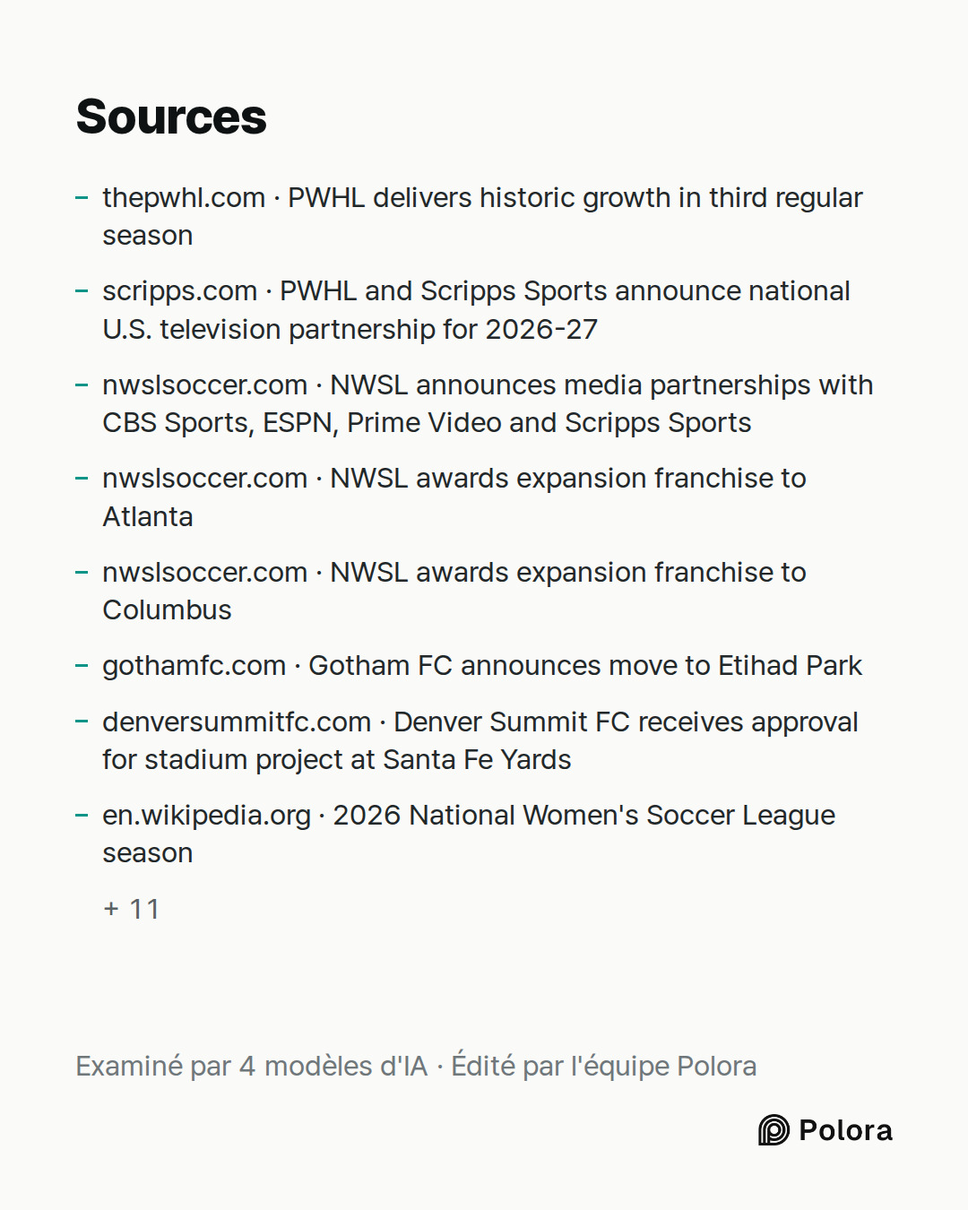 Sources 19 : thepwhl.com · PWHL delivers historic growth in third regular season, scripps.com · PWHL and Scripps Sports announce national U.S. television partnership for 2026-27, nwslsoccer.com · NWSL announces media partnerships with CBS Sports, ESPN, Prime Video and Scripps Sports + 16