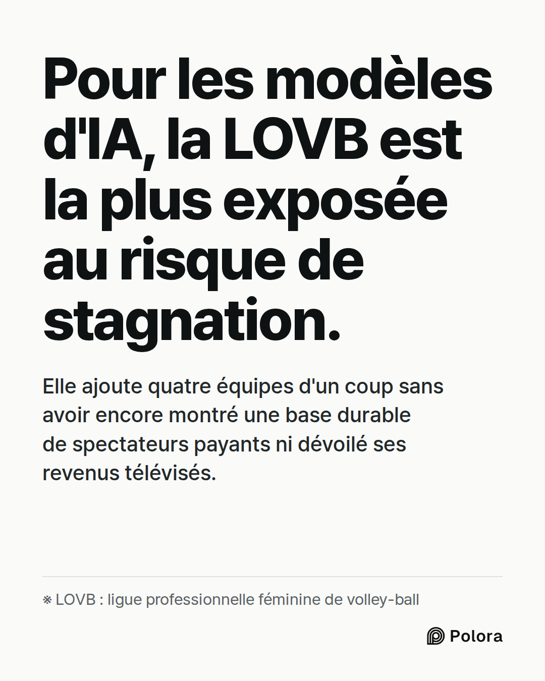 Pour les modèles d'IA, la LOVB est la plus exposée au risque de stagnation. · Elle ajoute quatre équipes d'un coup sans avoir encore montré une base durable de spectateurs payants ni dévoilé ses revenus télévisés. · ※ LOVB : ligue professionnelle féminine de volley-ball