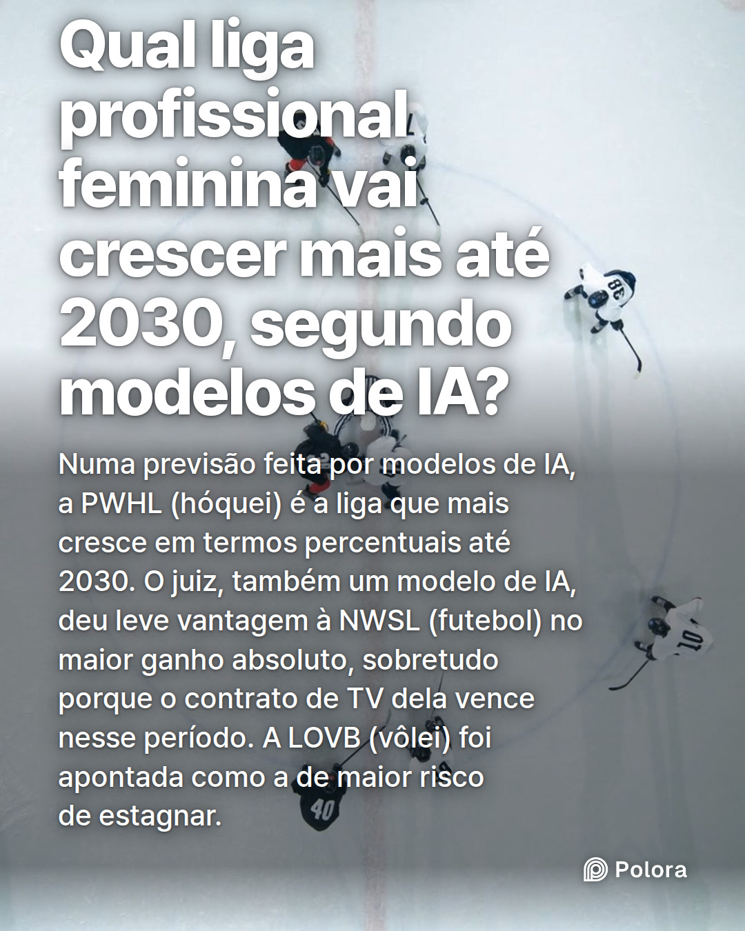 Qual liga profissional feminina vai crescer mais até 2030, segundo modelos de IA? · Numa previsão feita por modelos de IA, a PWHL (hóquei) é a liga que mais cresce em termos percentuais até 2030. O juiz, também um modelo de IA, deu leve vantagem à NWSL (futebol) no maior ganho absoluto, sobretudo po