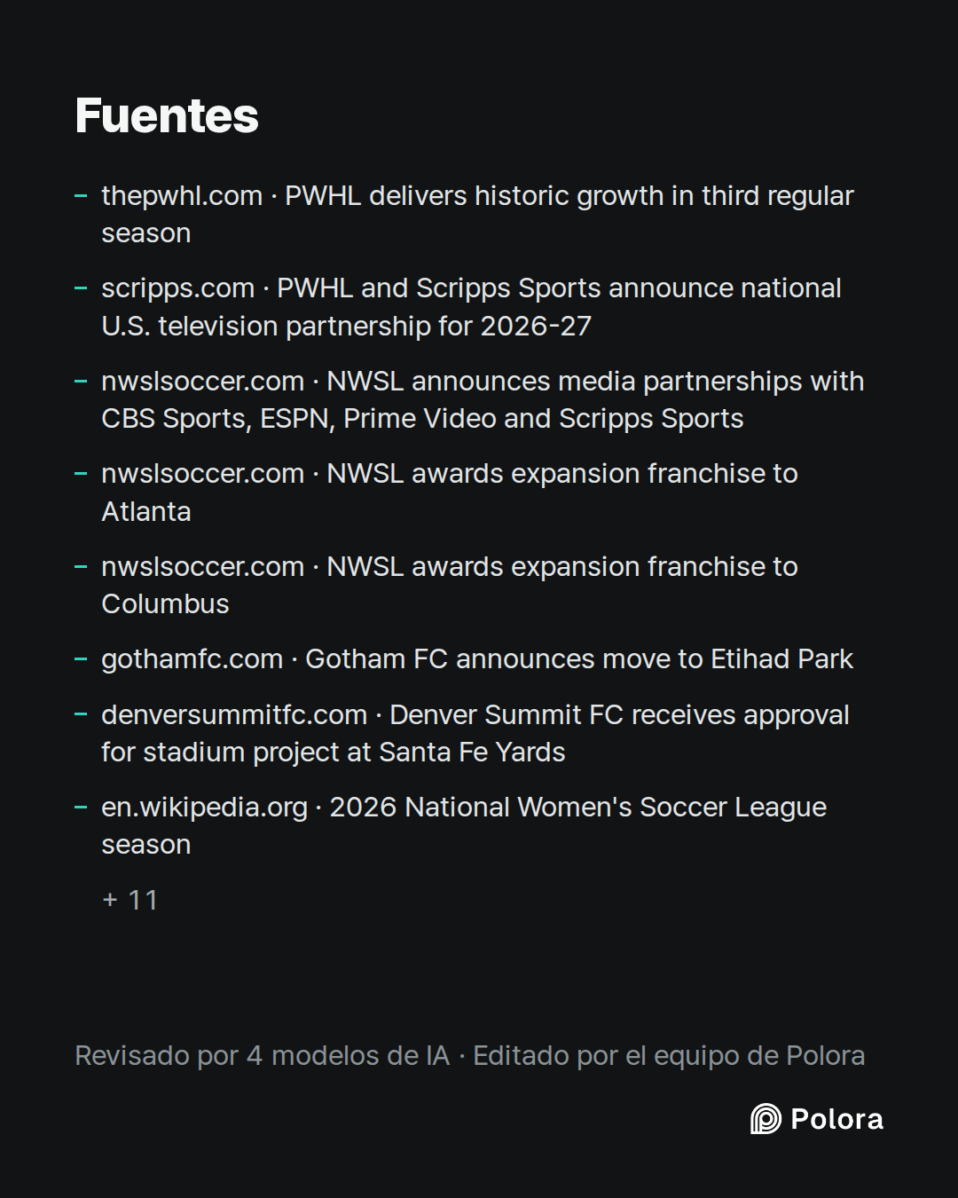 Fuentes 19 : thepwhl.com · PWHL delivers historic growth in third regular season, scripps.com · PWHL and Scripps Sports announce national U.S. television partnership for 2026-27, nwslsoccer.com · NWSL announces media partnerships with CBS Sports, ESPN, Prime Video and Scripps Sports + 16