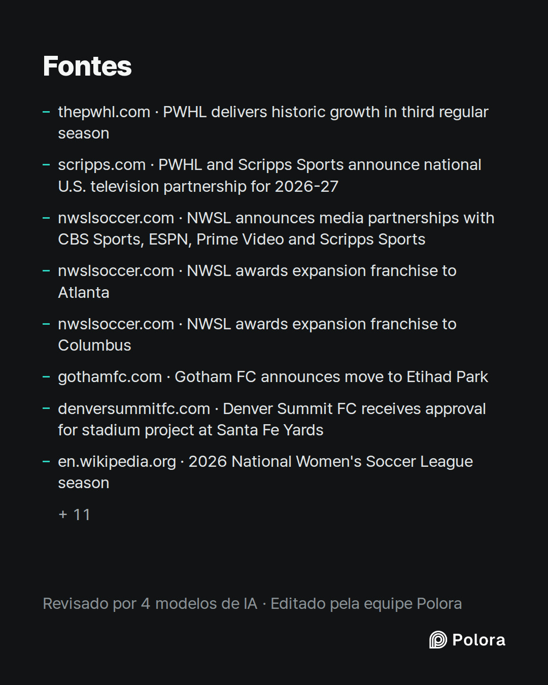 Fontes 19 : thepwhl.com · PWHL delivers historic growth in third regular season, scripps.com · PWHL and Scripps Sports announce national U.S. television partnership for 2026-27, nwslsoccer.com · NWSL announces media partnerships with CBS Sports, ESPN, Prime Video and Scripps Sports + 16