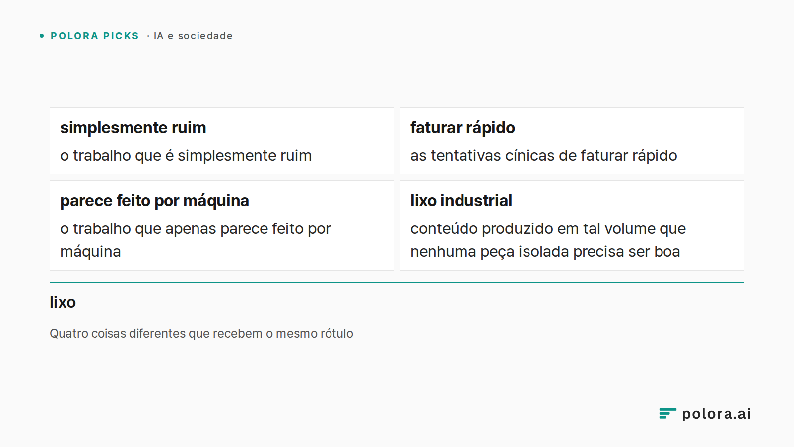 Quatro coisas diferentes que recebem o mesmo rótulo · simplesmente ruim · faturar rápido · parece feito por máquina · lixo industrial · o trabalho que é simplesmente ruim · as tentativas cínicas de faturar rápido · o trabalho que apenas parece feito por máquina · conteúdo produzido em tal volume que