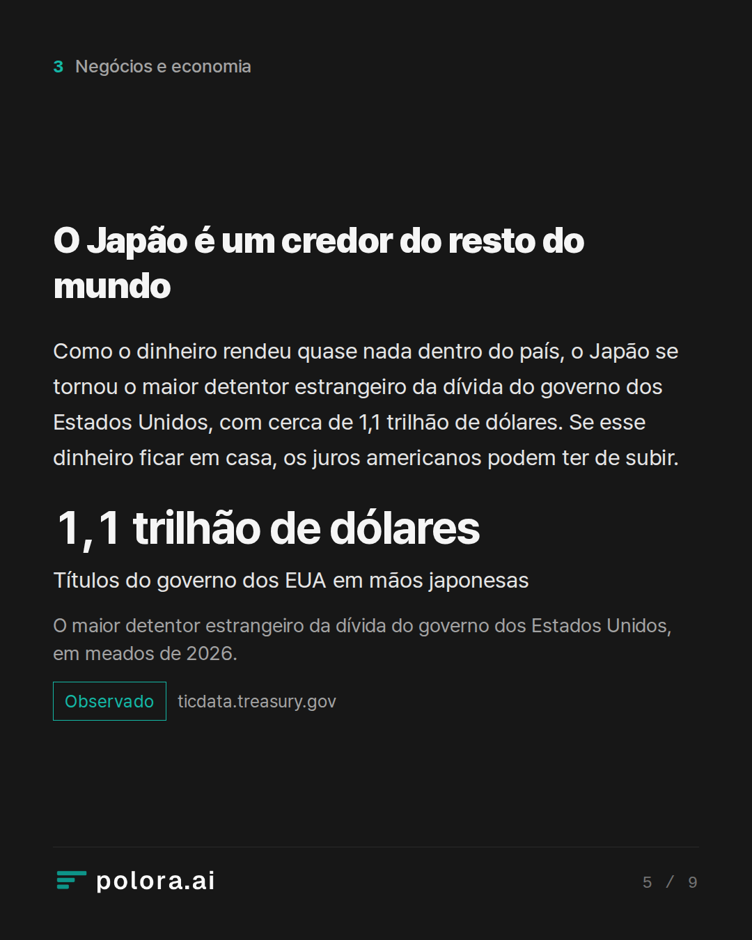 O Japão é um credor do resto do mundo · 1,1 trilhão de dólares Títulos do governo dos EUA em mãos japonesas O maior detentor estrangeiro da dívida do governo dos Estados Unidos, em meados de 2026.