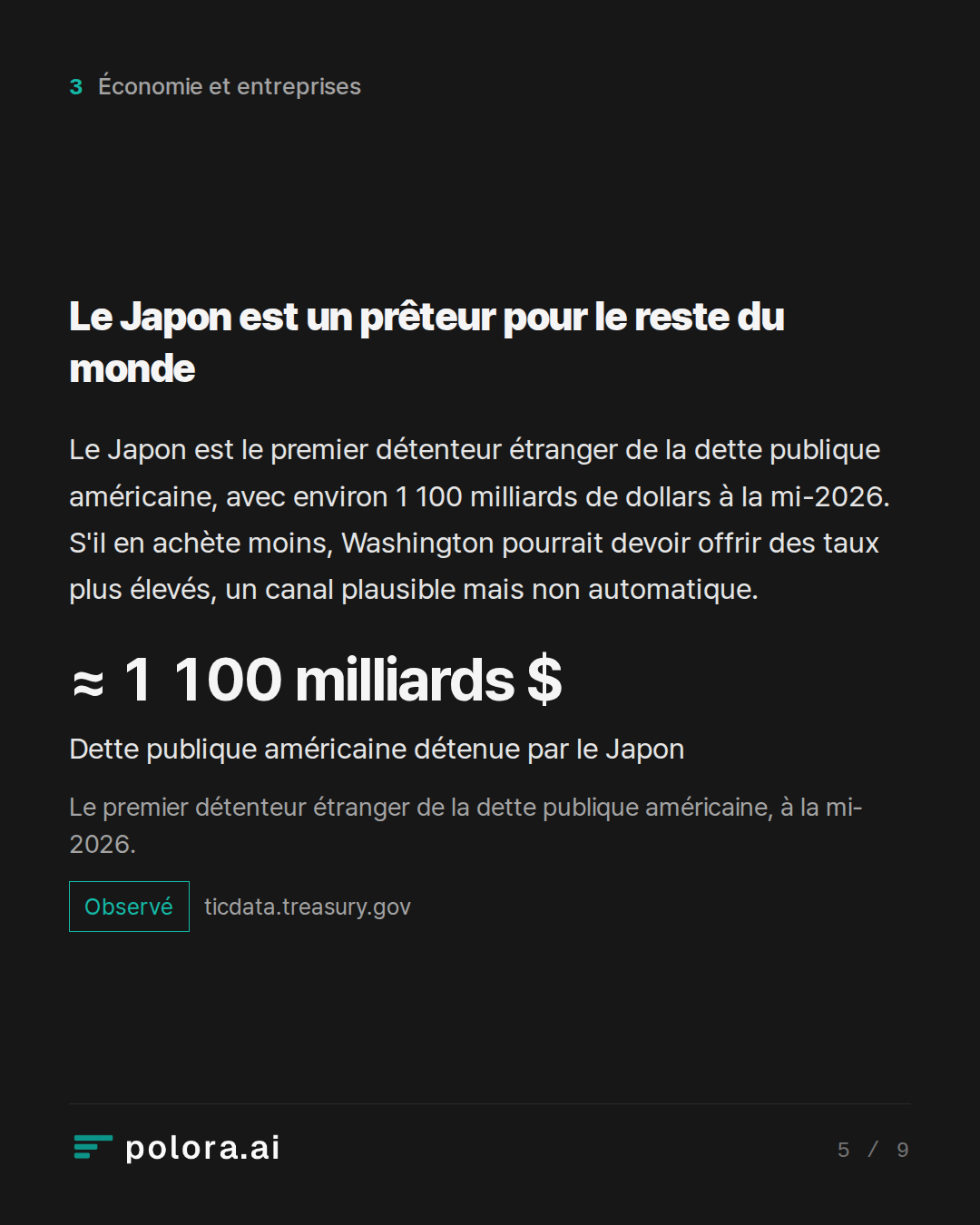 Le Japon est un prêteur pour le reste du monde · ≈ 1 100 milliards $ Dette publique américaine détenue par le Japon Le premier détenteur étranger de la dette publique américaine, à la mi-2026.