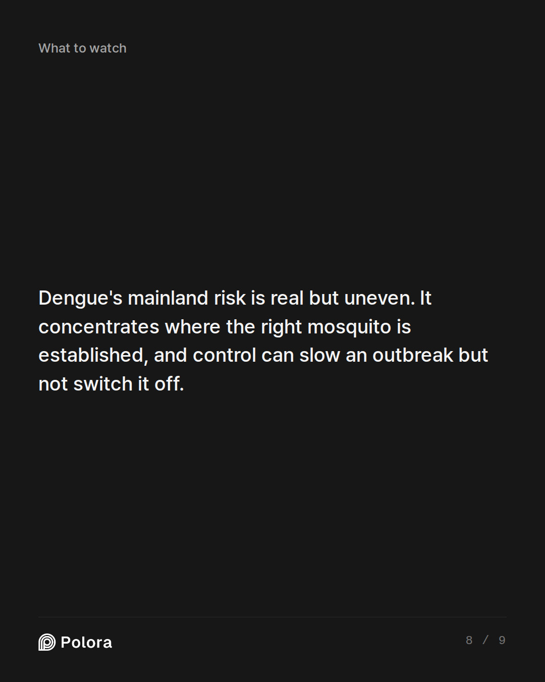 Dengue's mainland risk is real but uneven. It concentrates where the right mosquito is established, and control can slow an outbreak but not switch it off.