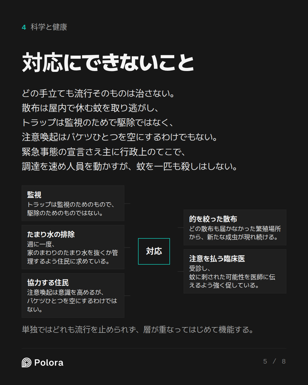 対応にできないこと · 対応 監視 的を絞った散布 たまり水の排除 注意を払う臨床医 協力する住民 トラップは監視のためのもので、駆除のためのものではない。 どの散布も届かなかった繁殖場所から、新たな成虫が現れ続ける。 週に一度、家のまわりのたまり水を抜くか管理するよう住民に求めている。 受診し、蚊に刺された可能性を医師に伝えるよう強く促している。 注意喚起は意識を高めるが、バケツひとつを空にするわけではない。 単独ではどれも流行を止められず、層が重なってはじめて機能する。