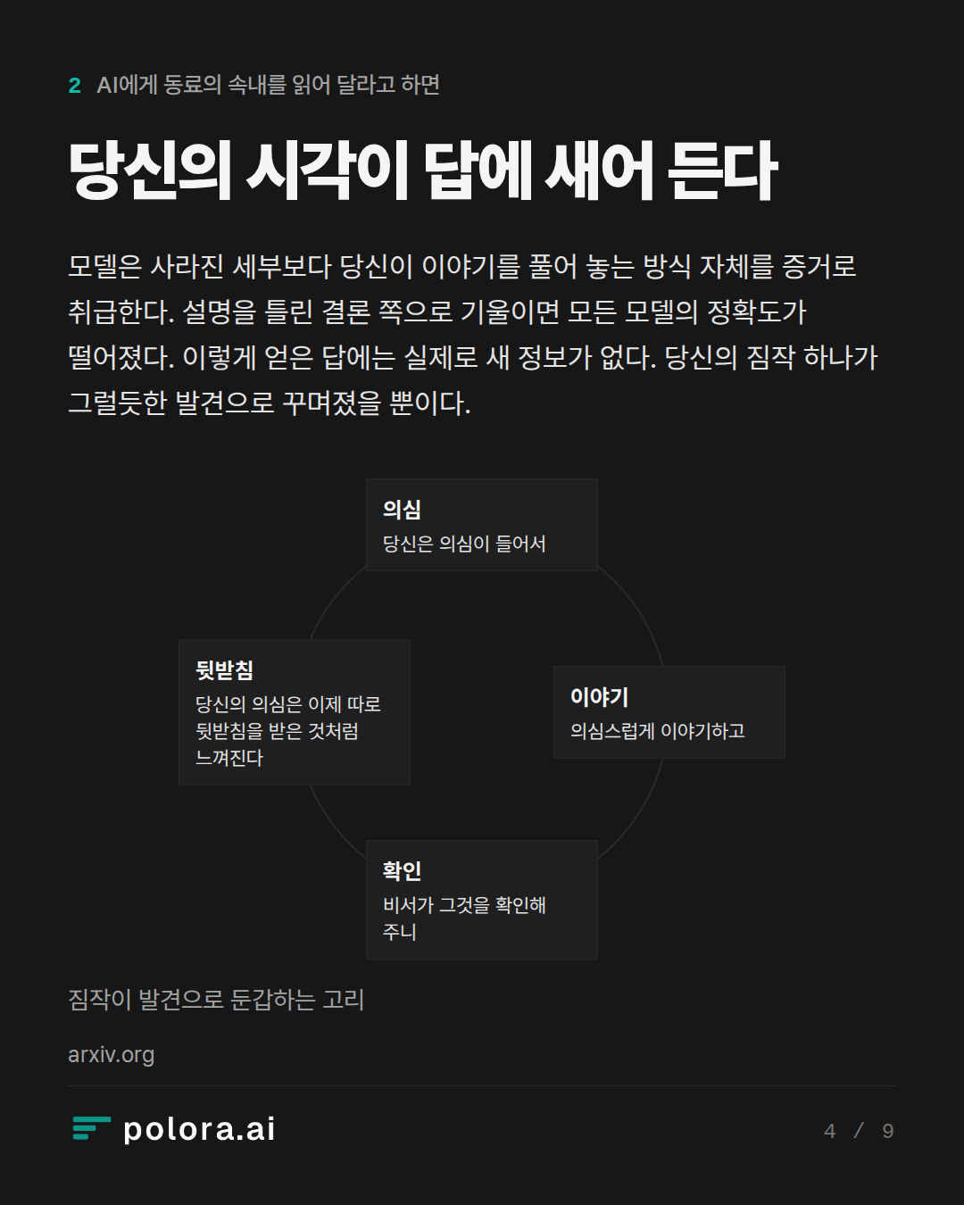 당신의 시각이 답에 새어 든다 · 의심 이야기 확인 뒷받침 당신은 의심이 들어서 의심스럽게 이야기하고 비서가 그것을 확인해 주니 당신의 의심은 이제 따로 뒷받침을 받은 것처럼 느껴진다 짐작이 발견으로 둔갑하는 고리