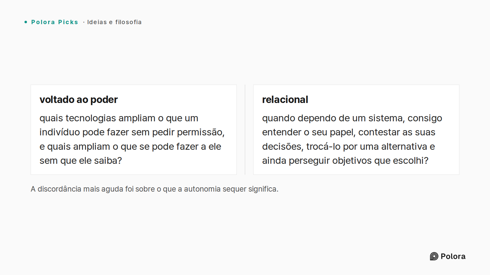 A discordância mais aguda foi sobre o que a autonomia sequer significa. · voltado ao poder · relacional · quais tecnologias ampliam o que um indivíduo pode fazer sem pedir permissão, e quais ampliam o que se pode fazer a ele sem que ele saiba? · quando dependo de um sistema, consigo entender o seu p