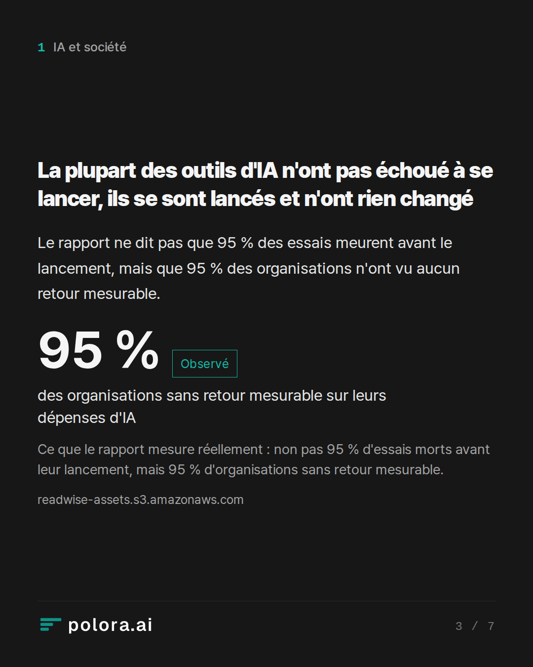 La plupart des outils d'IA n'ont pas échoué à se lancer, ils se sont lancés et n'ont rien ch · 95 % des organisations sans retour mesurable sur leurs dépenses d'IA Ce que le rapport mesure réellement : non pas 95 % d'essais morts avant leur lancement, mais 95 % d'organisations sans retour mesurable.