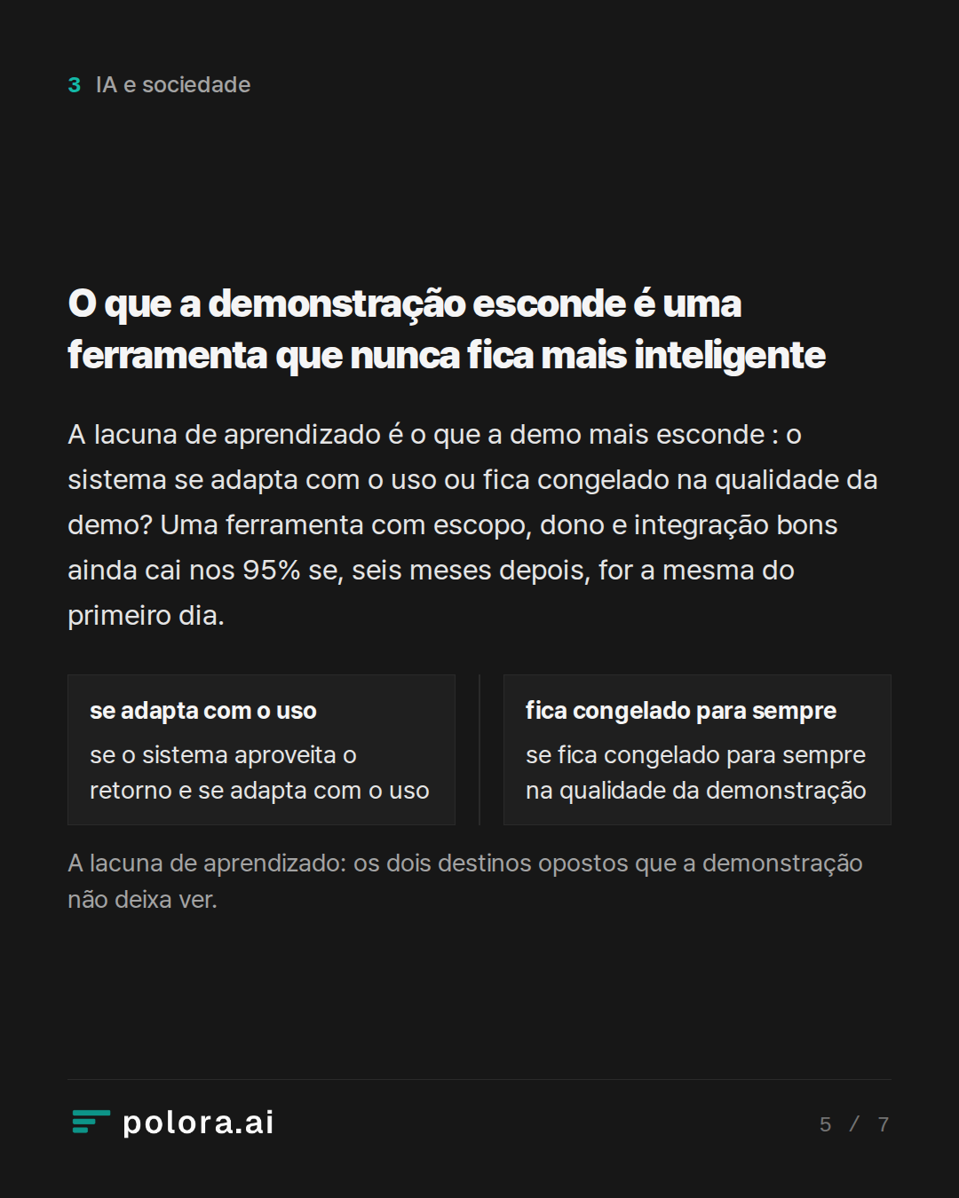 O que a demonstração esconde é uma ferramenta que nun · se adapta com o uso fica congelado para sempre se o sistema aproveita o retorno e se adapta com o uso se fica congelado para sempre na qualidade da demonstração A lacuna de aprendizado: os dois destinos opostos que a demonstração não deixa ver.