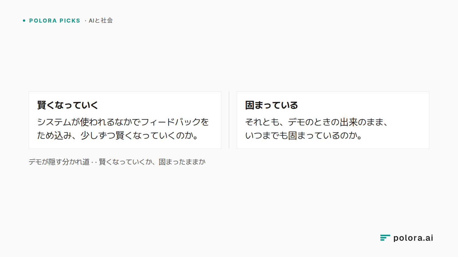 デモが隠す分かれ道 ·  · 賢くなっていくか、固まったままか · 賢くなっていく · 固まっている · システムが使われるなかでフィードバックをため込み、少しずつ賢くなっていくのか。 · それとも、デモのときの出来のまま、いつまでも固まっているのか。