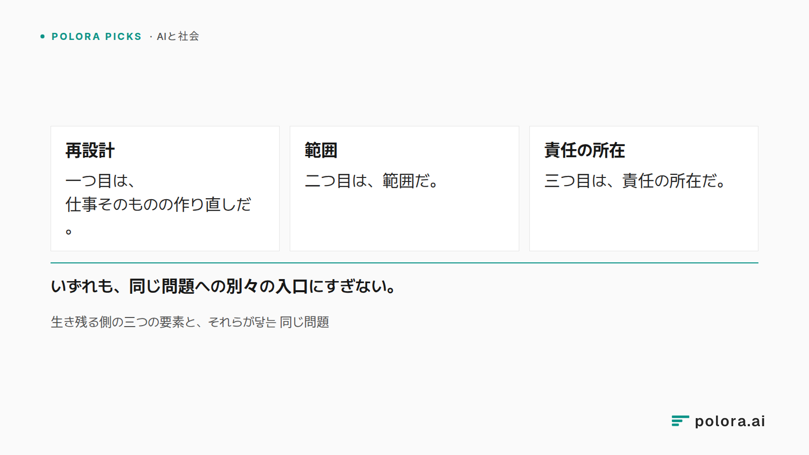 生き残る側の三つの要素と、それらが닿는 同じ問題 · 再設計 · 範囲 · 責任の所在 · 一つ目は、仕事そのものの作り直しだ。 · 二つ目は、範囲だ。 · 三つ目は、責任の所在だ。 · いずれも、同じ問題への別々の入口にすぎない。