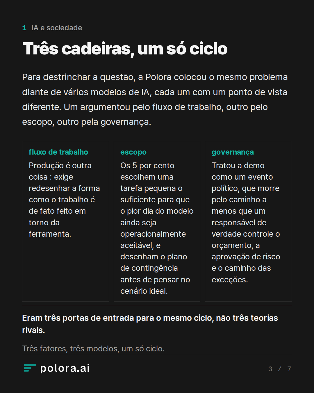 Três cadeiras, um só ciclo · Três fatores, três modelos, um só ciclo.