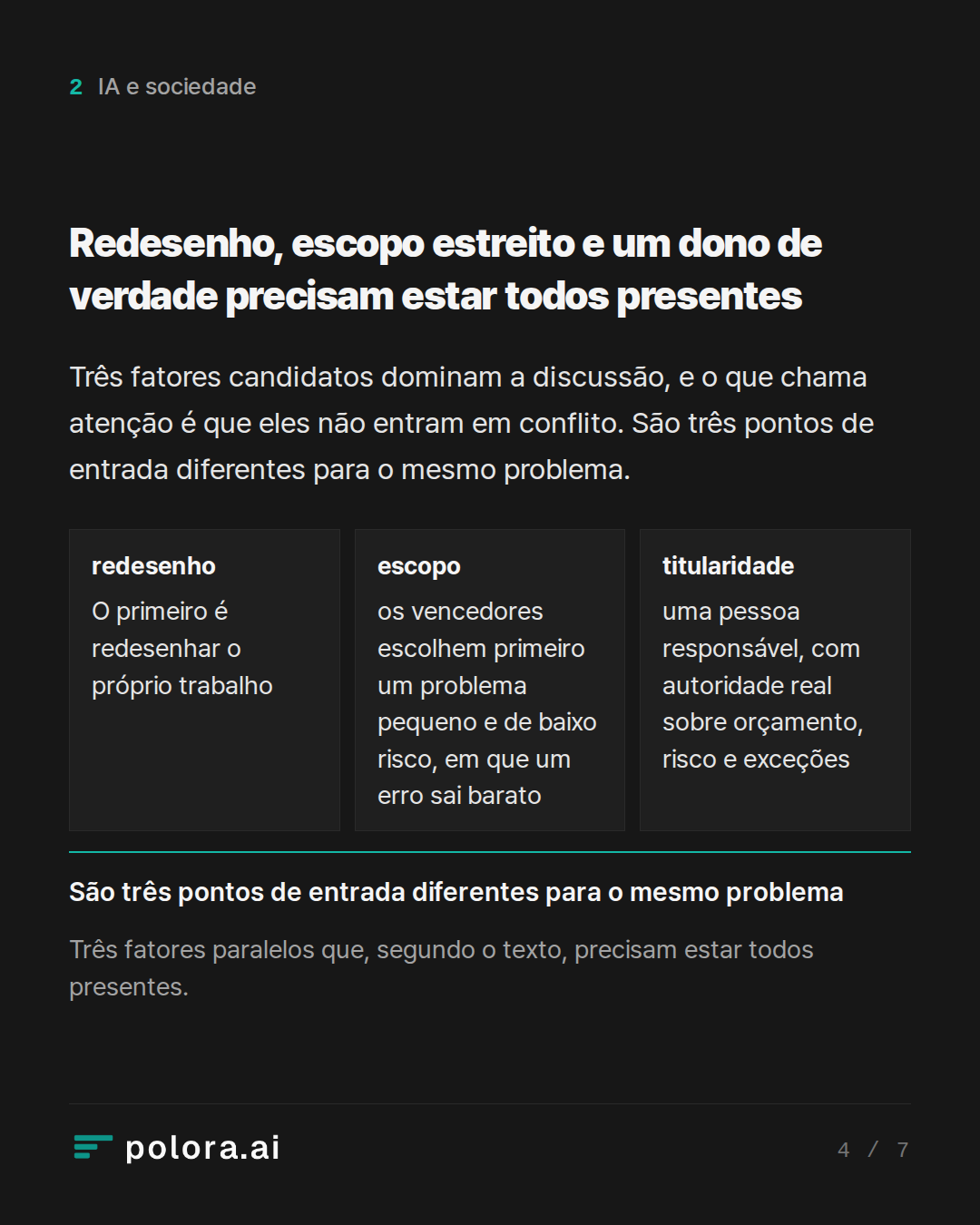 Redesenho, escopo estreito e um dono de  · redesenho escopo titularidade O primeiro é redesenhar o próprio trabalho os vencedores escolhem primeiro um problema pequeno e de baixo risco, em que um erro sai barato uma pessoa responsável, com autoridade real sobre orçamento, risco e exceções São três p