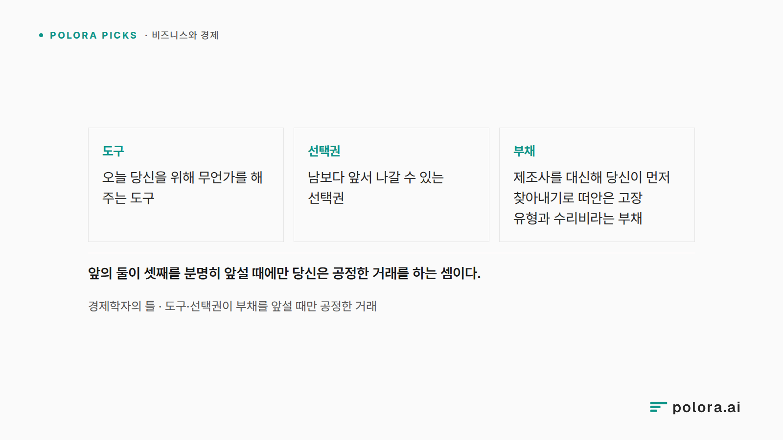 경제학자의 틀 · 도구·선택권이 부채를 앞설 때만 공정한 거래 · 도구 오늘 당신을 위해 무언가를 해 주는 도구 · 선택권 남보다 앞서 나갈 수 있는 선택권 · 부채 제조사를 대신해 당신이 먼저 찾아내기로 떠안은 고장 유형과 수리비라는 부채 · 앞의 둘이 셋째를 분명히 앞설 때에만 당신은 공정한 거래를 하는 셈이다.