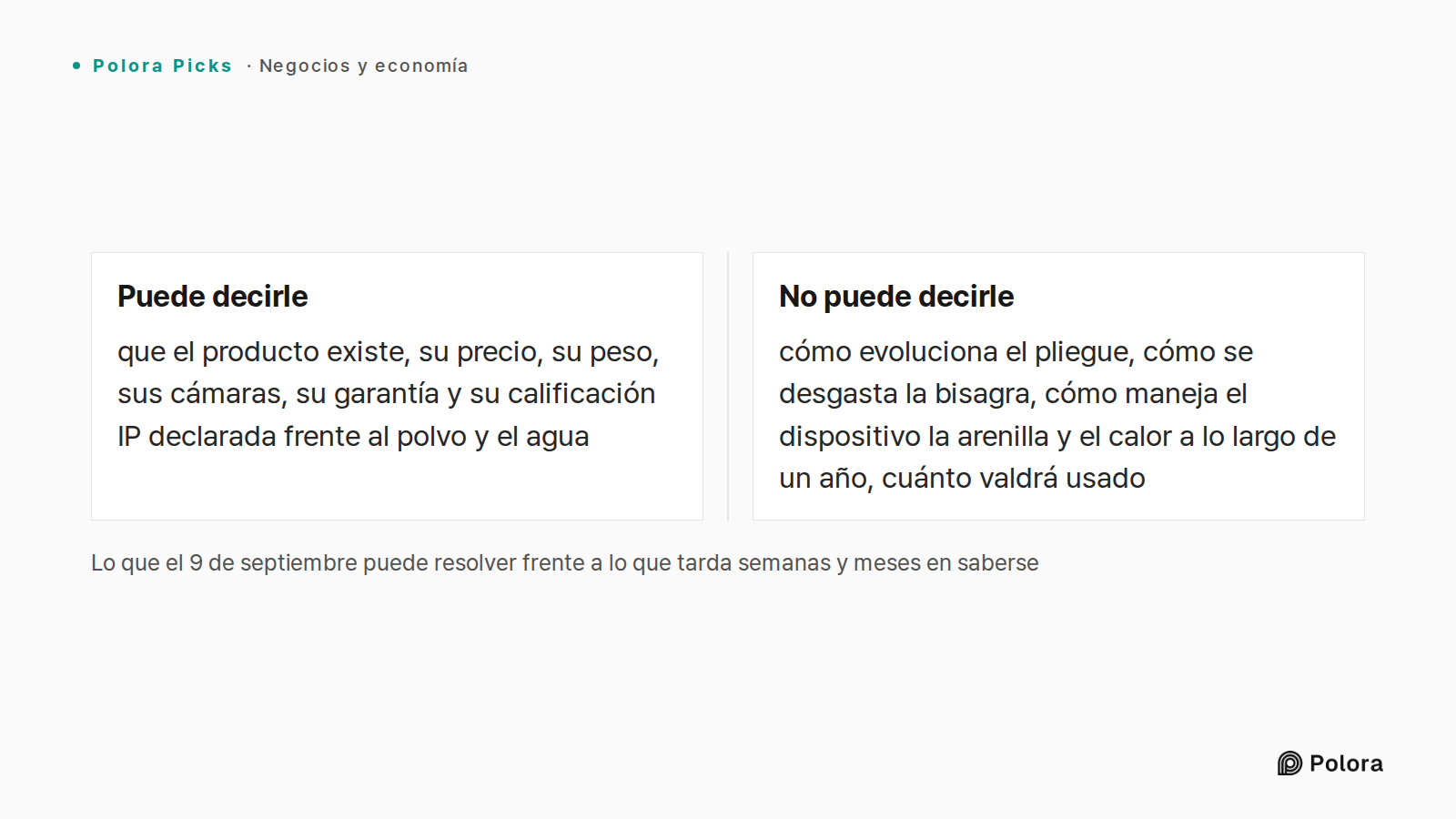 Lo que el 9 de septiembre puede resolver frente a lo que tarda semanas y meses en saberse · Puede decirle · No puede decirle · que el producto existe, su precio, su peso, sus cámaras, su garantía y su calificación IP declarada frente al polvo y el agua · cómo evoluciona el pliegue, cómo se desgasta