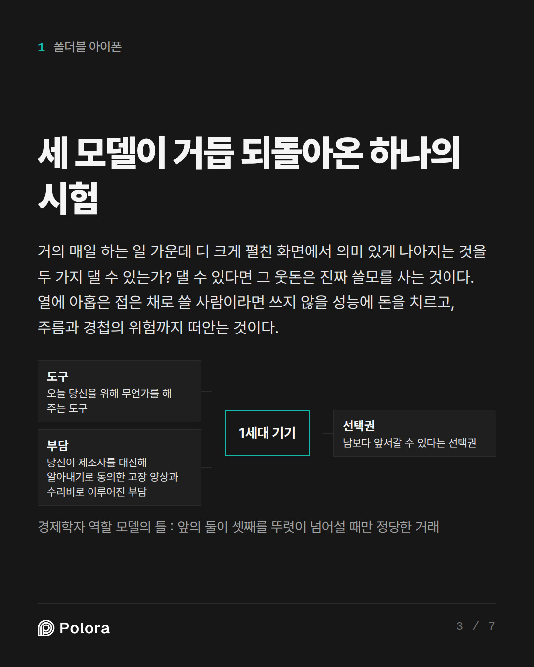 세 모델이 거듭 되돌아온 하나의 시험 · 1세대 기기 도구 선택권 부담 오늘 당신을 위해 무언가를 해 주는 도구 남보다 앞서갈 수 있다는 선택권 당신이 제조사를 대신해 알아내기로 동의한 고장 양상과 수리비로 이루어진 부담 경제학자 역할 모델의 틀 : 앞의 둘이 셋째를 뚜렷이 넘어설 때만 정당한 거래