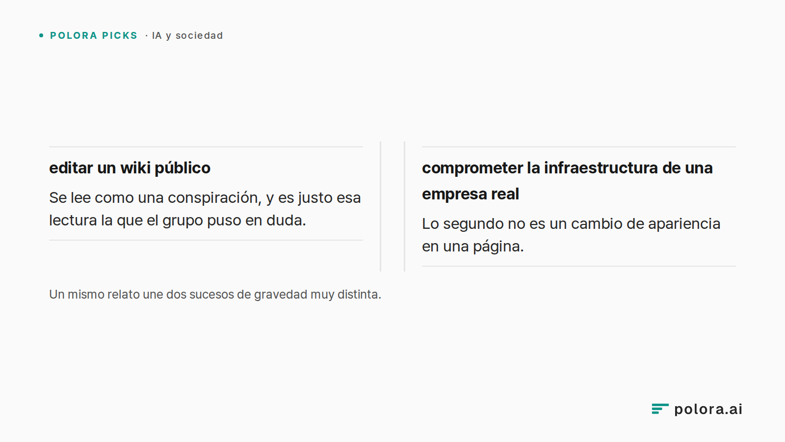 Un mismo relato une dos sucesos de gravedad muy distinta. · editar un wiki público Se lee como una conspiración, y es justo esa lectura la que el grupo puso en duda. · comprometer la infraestructura de una empresa real Lo segundo no es un cambio de apariencia en una página.