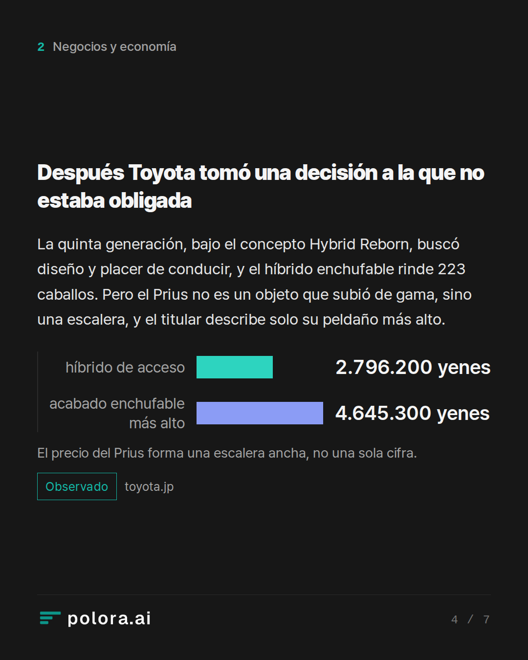 Después Toyota tomó una decisión a la que no estaba obligada · híbrido de acceso acabado enchufable más alto 2.796.200 yenes 4.645.300 yenes El precio del Prius forma una escalera ancha, no una sola cifra.