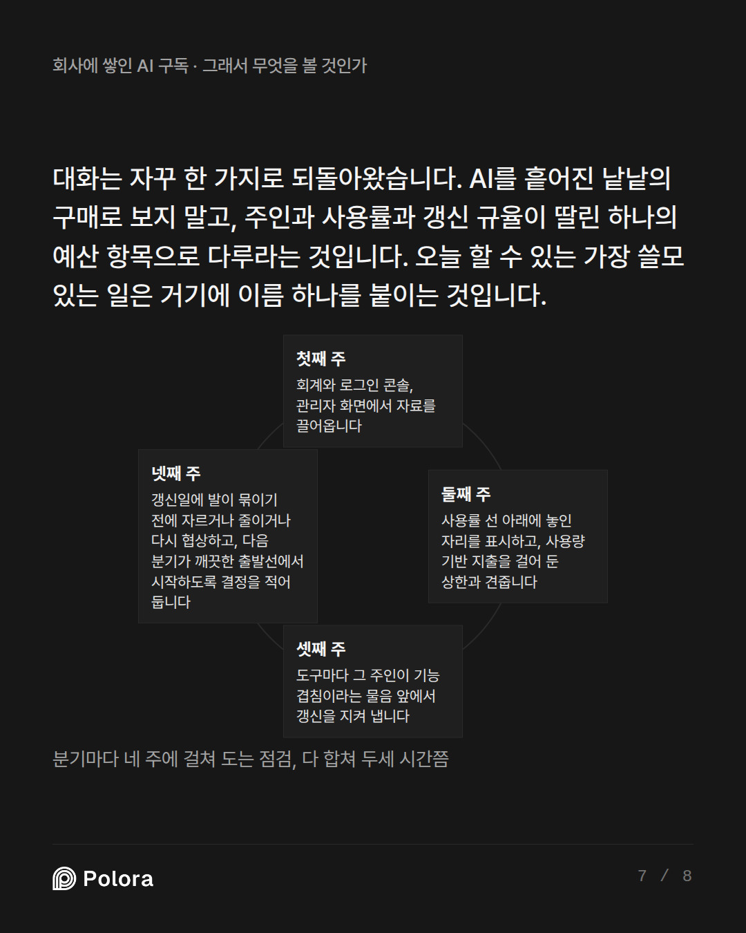대화는 자꾸 한 가지로 되돌아왔습니다. AI를 흩어진 낱낱의 구매로 보지 말고, 주인과 사용률과 갱신 규율이  · 첫째 주 둘째 주 셋째 주 넷째 주 회계와 로그인 콘솔, 관리자 화면에서 자료를 끌어옵니다 사용률 선 아래에 놓인 자리를 표시하고, 사용량 기반 지출을 걸어 둔 상한과 견줍니다 도구마다 그 주인이 기능 겹침이라는 물음 앞에서 갱신을 지켜 냅니다 갱신일에 발이 묶이기 전에 자르거나 줄이거나 다시 협상하고, 다음 분기가 깨끗한 출발선에서 시작하도록 결정을 적어 둡니다 분기마다 네 주에 걸쳐 도는 점검, 다 합쳐 두세 시간쯤