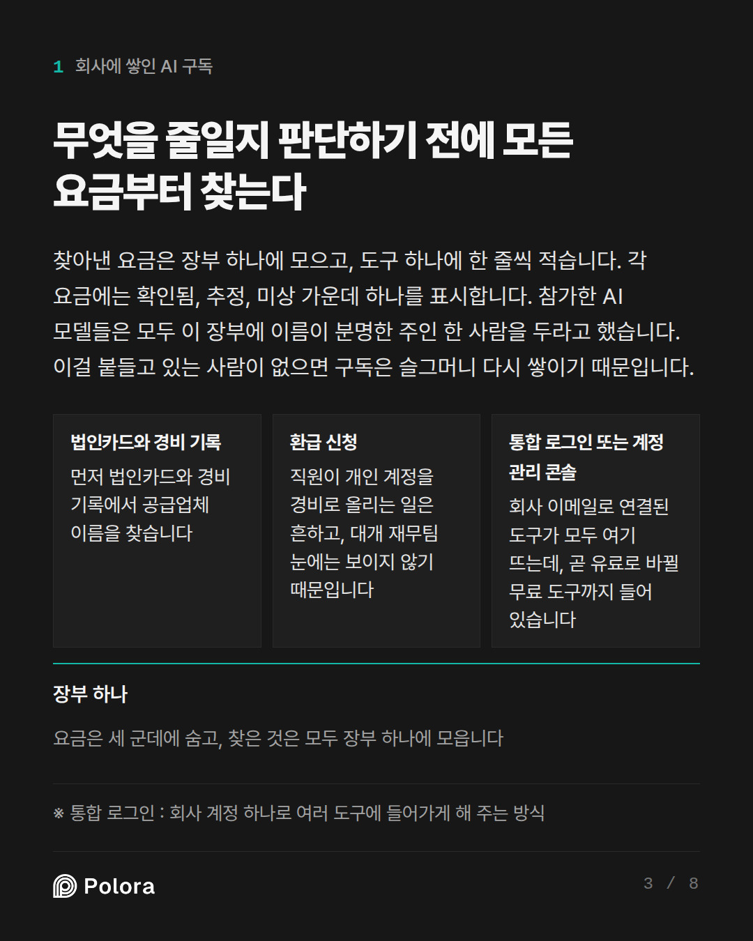 무엇을 줄일지 판단하기 전에 모든 요금부터 찾는다 · 법인카드와 경비 기록 환급 신청 통합 로그인 또는 계정 관리 콘솔 먼저 법인카드와 경비 기록에서 공급업체 이름을 찾습니다 직원이 개인 계정을 경비로 올리는 일은 흔하고, 대개 재무팀 눈에는 보이지 않기 때문입니다 회사 이메일로 연결된 도구가 모두 여기 뜨는데, 곧 유료로 바뀔 무료 도구까지 들어 있습니다 장부 하나 요금은 세 군데에 숨고, 찾은 것은 모두 장부 하나에 모읍니다 · ※ 통합 로그인 : 회사 계정 하나로 여러 도구에 들어가게 해 주는 방식