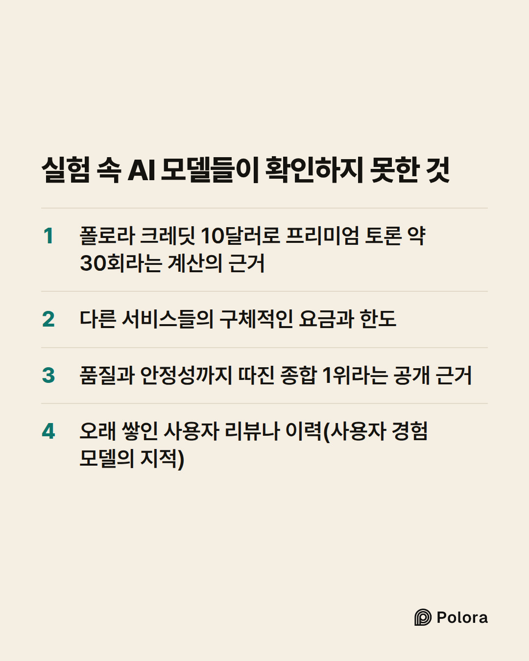 실험 속 AI 모델들이 확인하지 못한 것 · 폴로라 크레딧 10달러로 프리미엄 토론 약 30회라는 계산의 근거 · 다른 서비스들의 구체적인 요금과 한도 · 품질과 안정성까지 따진 종합 1위라는 공개 근거 · 오래 쌓인 사용자 리뷰나 이력(사용자 경험 모델의 지적)