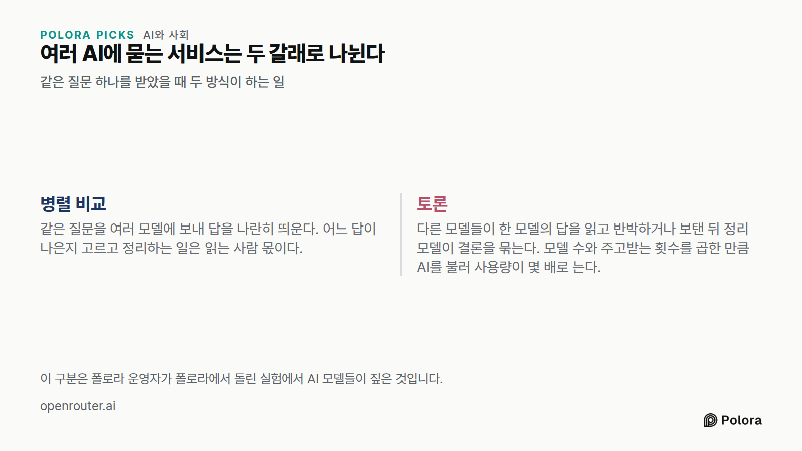 여러 AI에 묻는 서비스는 두 갈래로 나뉜다 · 같은 질문 하나를 받았을 때 두 방식이 하는 일 · 병렬 비교 · 토론 · 같은 질문을 여러 모델에 보내 답을 나란히 띄운다. 어느 답이 나은지 고르고 정리하는 일은 읽는 사람 몫이다. · 다른 모델들이 한 모델의 답을 읽고 반박하거나 보탠 뒤 정리 모델이 결론을 묶는다. 모델 수와 주고받는 횟수를 곱한 만큼 AI를 불러 사용량이 몇 배로 는다. · 이 구분은 폴로라 운영자가 폴로라에서 돌린 실험에서 AI 모델들이 짚은 것입니다.