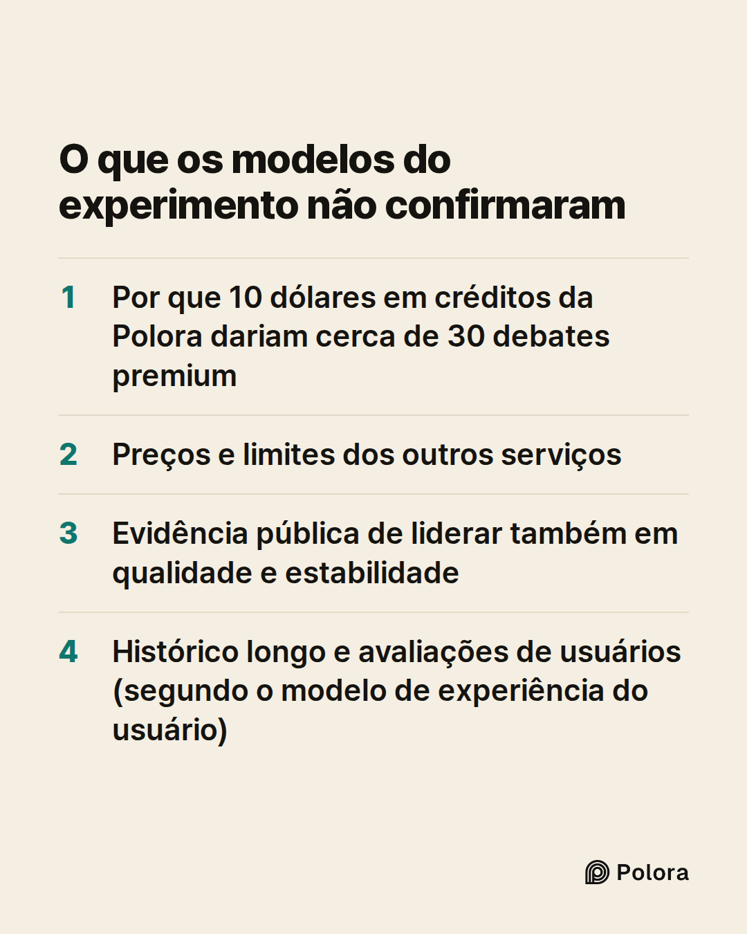 O que os modelos do experimento não confirmaram · Por que 10 dólares em créditos da Polora dariam cerca de 30 debates premium · Preços e limites dos outros serviços · Evidência pública de liderar também em qualidade e estabilidade · Histórico longo e avaliações de usuários (segundo o modelo de exper