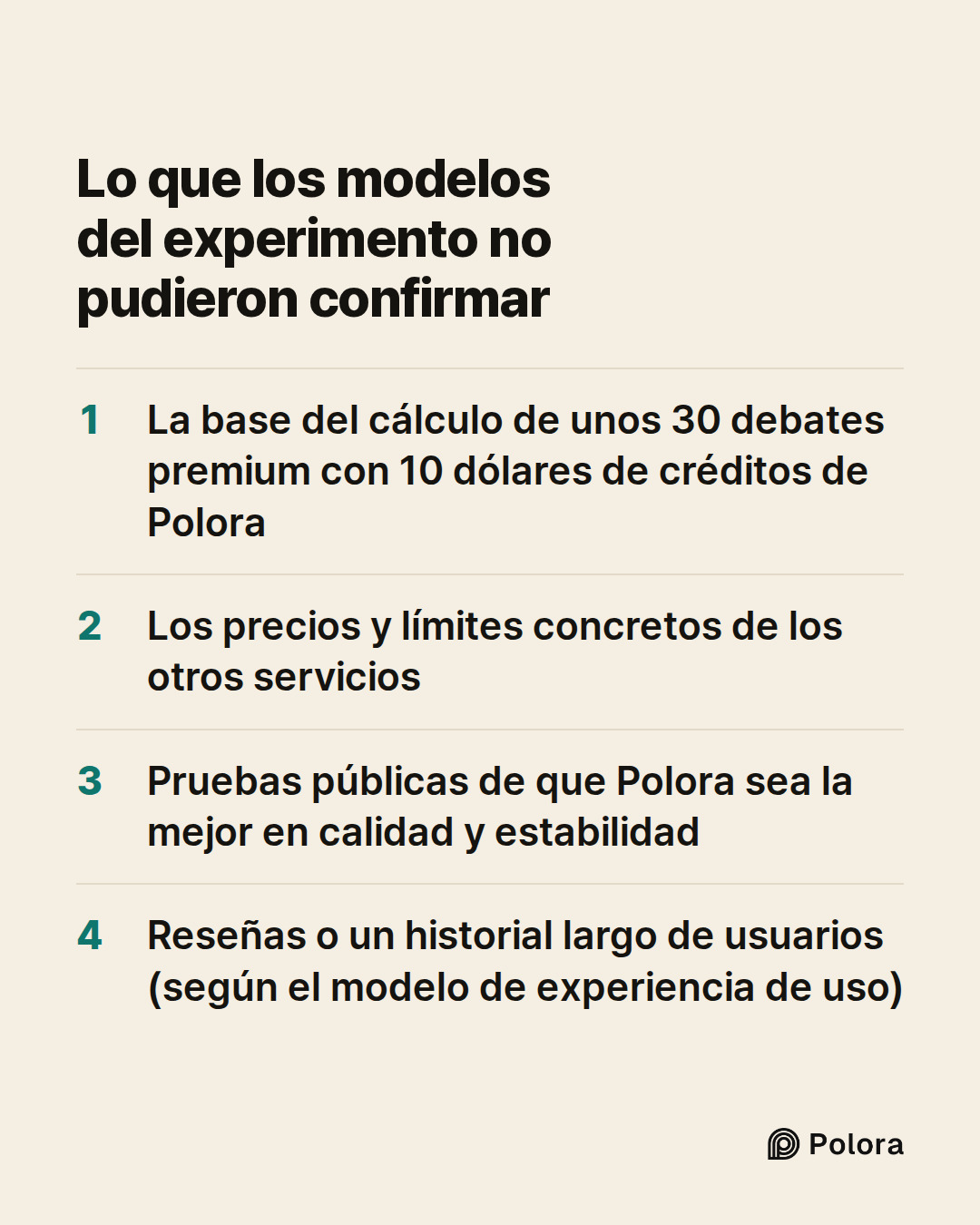 Lo que los modelos del experimento no pudieron confirmar · La base del cálculo de unos 30 debates premium con 10 dólares de créditos de Polora · Los precios y límites concretos de los otros servicios · Pruebas públicas de que Polora sea la mejor en calidad y estabilidad · Reseñas o un historial larg