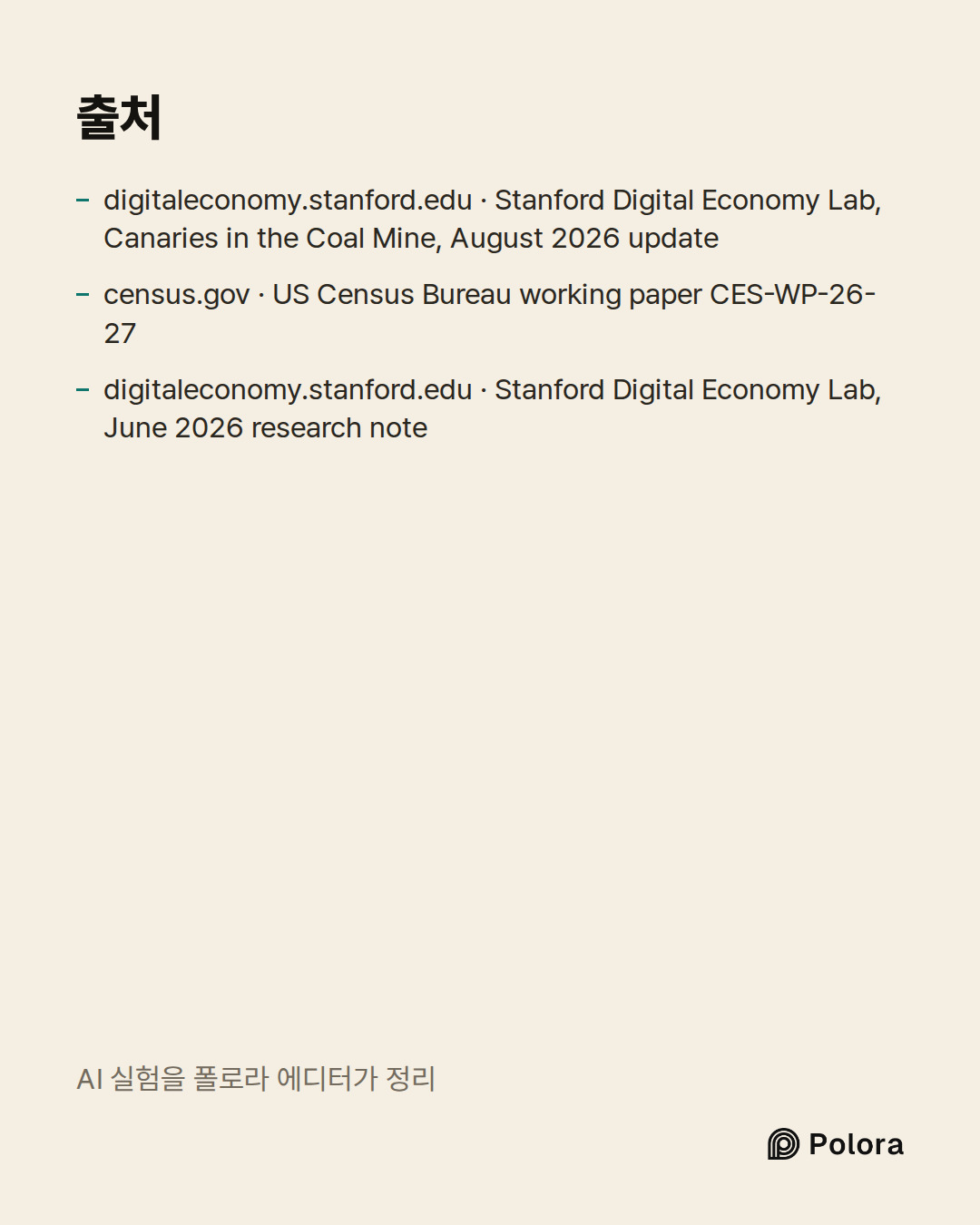 출처 3 : digitaleconomy.stanford.edu · Stanford Digital Economy Lab, Canaries in the Coal Mine, August 2026 update, census.gov · US Census Bureau working paper CES-WP-26-27, digitaleconomy.stanford.edu · Stanford Digital Economy Lab, June 2026 research note