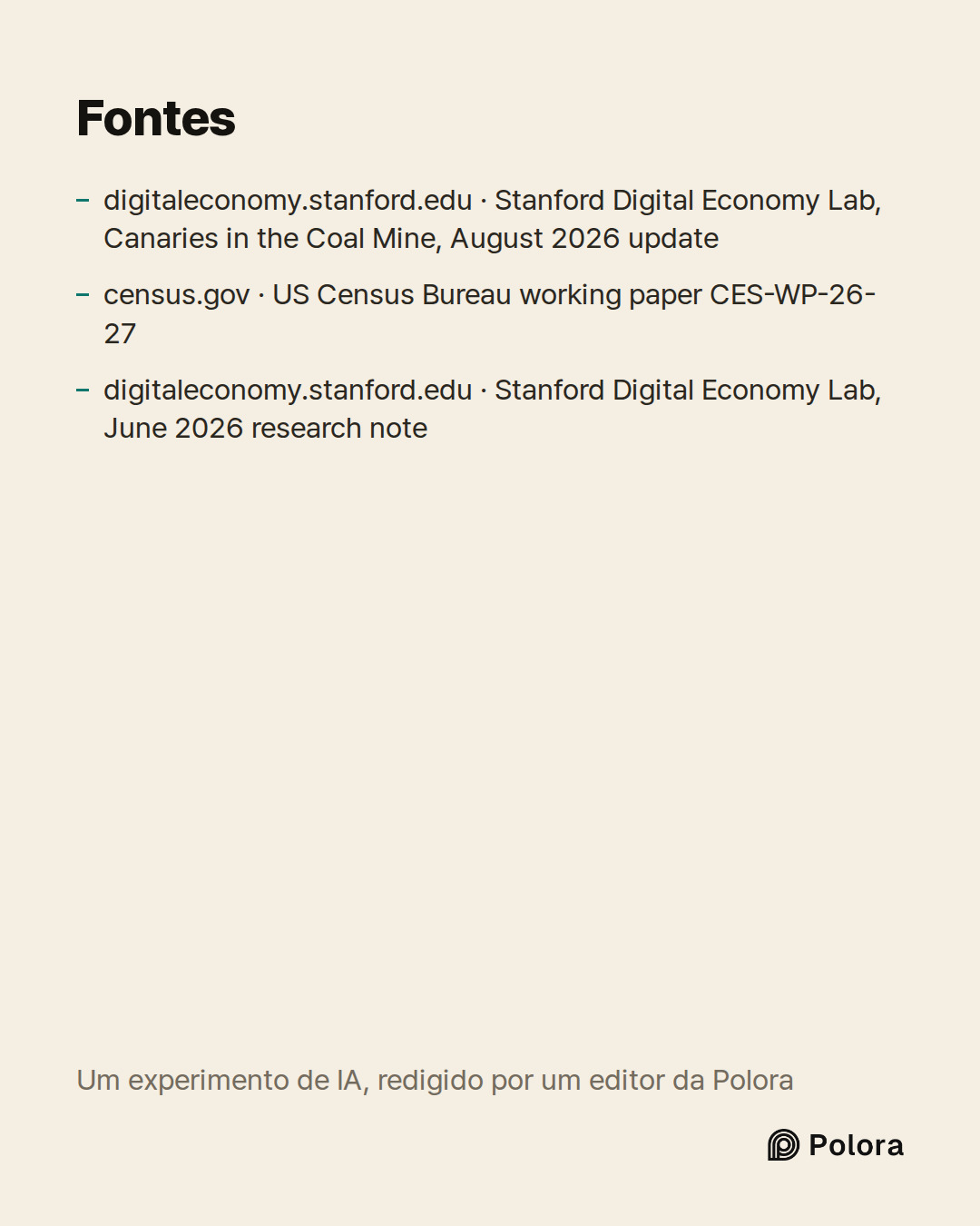Fontes 3 : digitaleconomy.stanford.edu · Stanford Digital Economy Lab, Canaries in the Coal Mine, August 2026 update, census.gov · US Census Bureau working paper CES-WP-26-27, digitaleconomy.stanford.edu · Stanford Digital Economy Lab, June 2026 research note