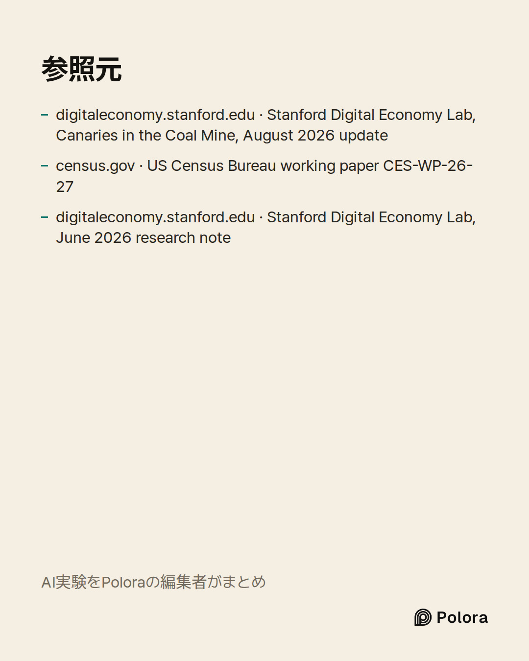 出典 3 : digitaleconomy.stanford.edu · Stanford Digital Economy Lab, Canaries in the Coal Mine, August 2026 update, census.gov · US Census Bureau working paper CES-WP-26-27, digitaleconomy.stanford.edu · Stanford Digital Economy Lab, June 2026 research note