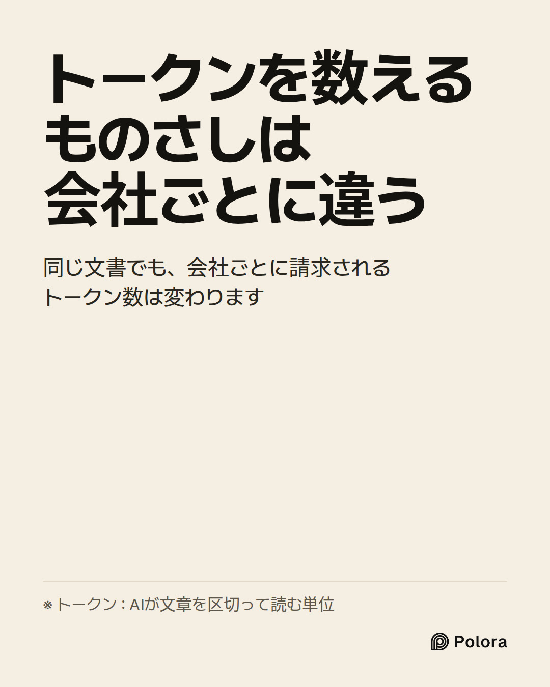 トークンを数えるものさしは会社ごとに違う · 同じ文書でも、会社ごとに請求されるトークン数は変わります · ※ トークン : AIが文章を区切って読む単位